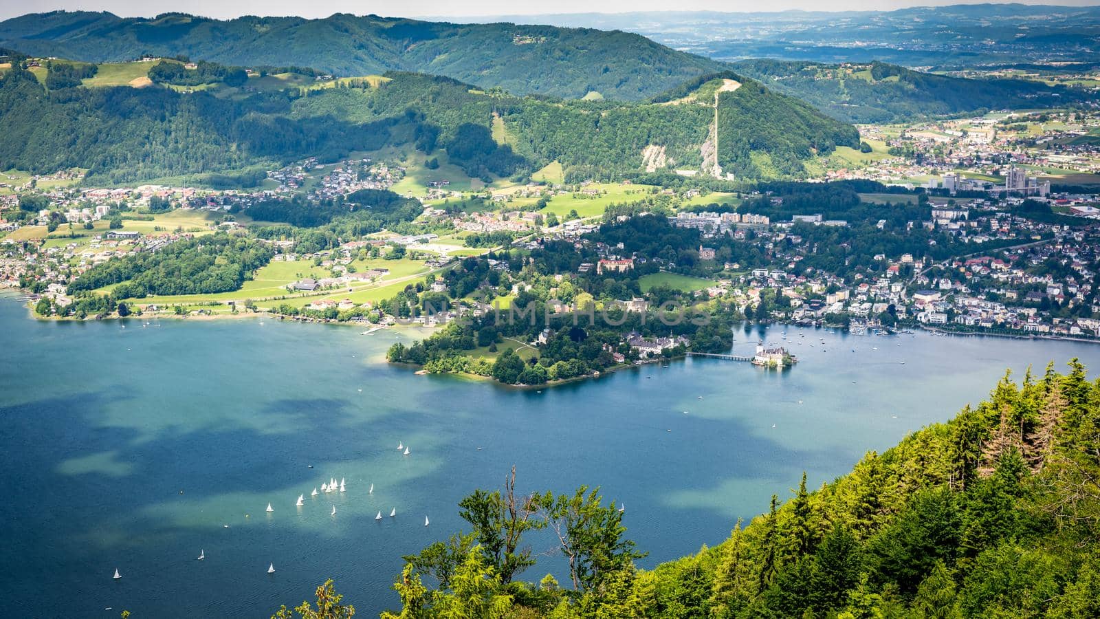 Aerial view of Traunsee and Gmunden, Austria. Beautiful lake panorama and view of Schloss Ort