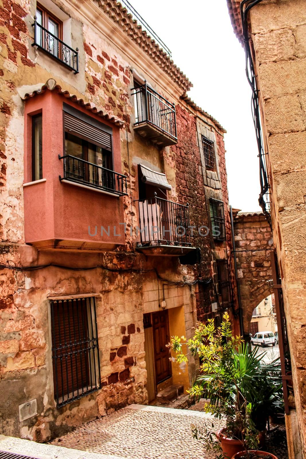 Narrow streets with Renaissance style houses and carved facades in Alcaraz, Castile-la Mancha community, Spain