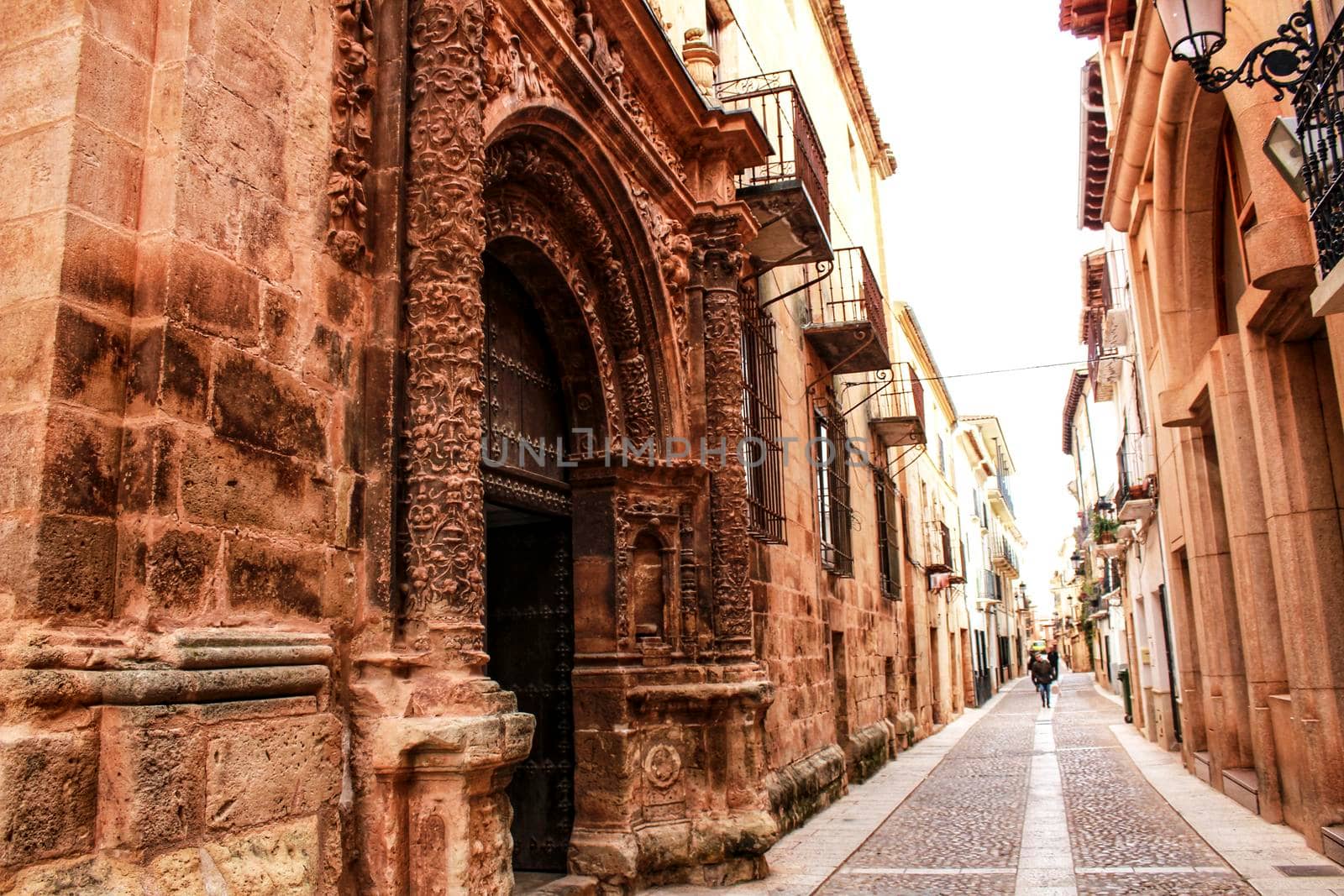 Narrow streets with Renaissance style houses and carved facades in Alcaraz, Castile-la Mancha community, Spain