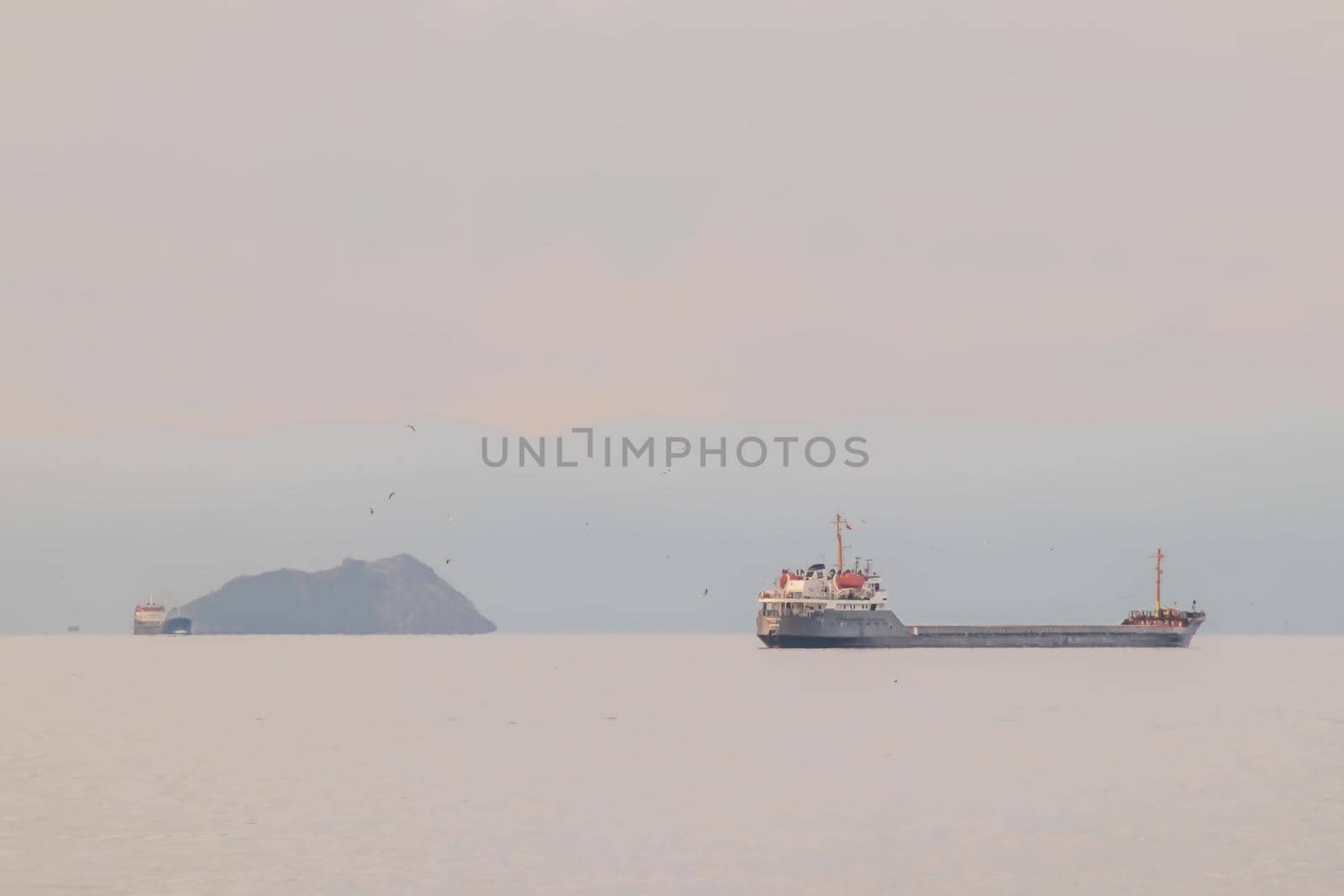 Marmara Sea,istanbul,Turkey-June 15,2021.Cargo ships in the Sea of Marmara in Turkey and Marmara Sea view in early morning time.