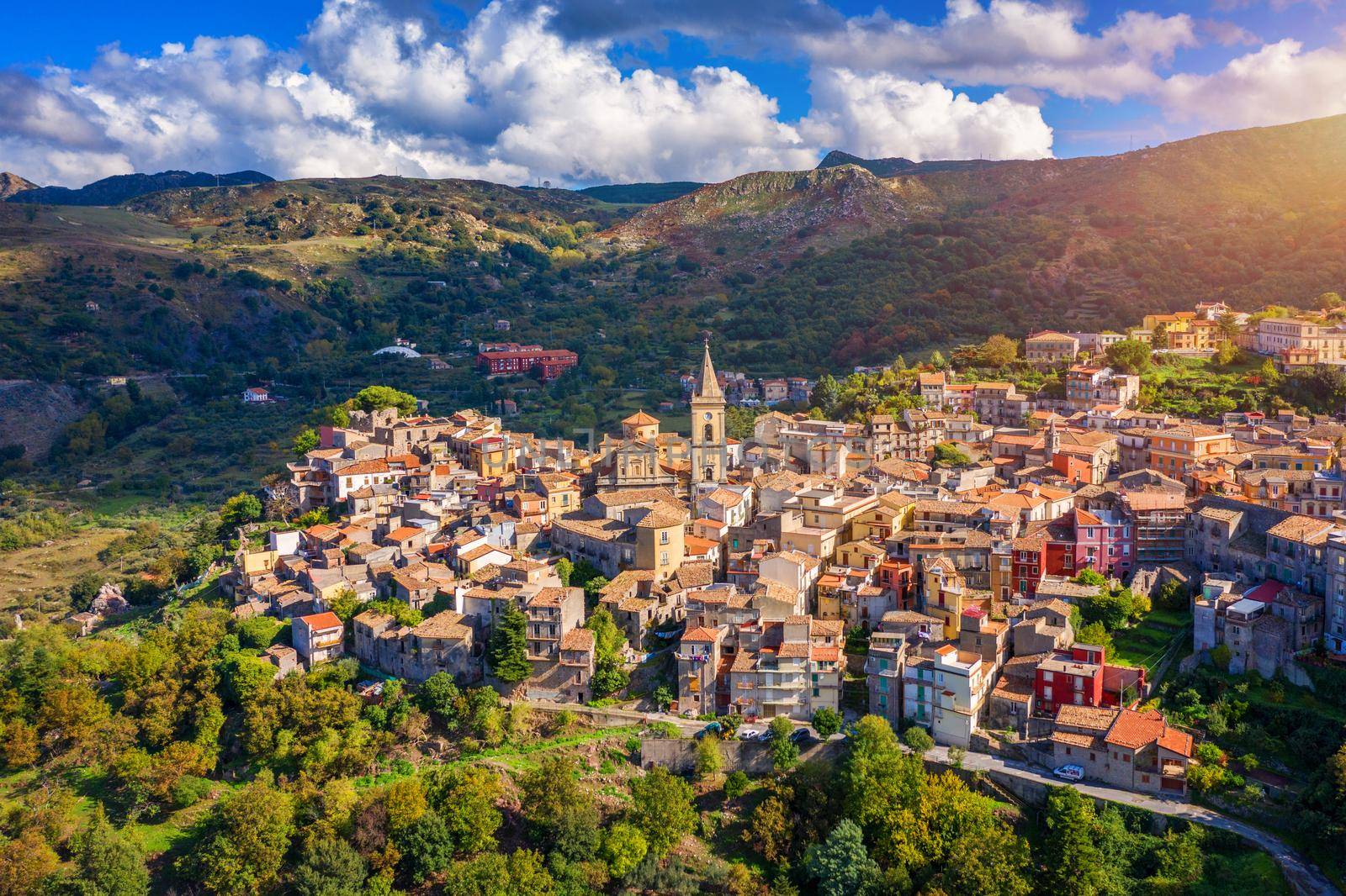 Amazing cityscape of Novara di Sicilia town. Aerial view of Novara di Sicilia, Sicily, Italy, Europe. Mountain village Novara di Sicilia, Sicily, Italy.