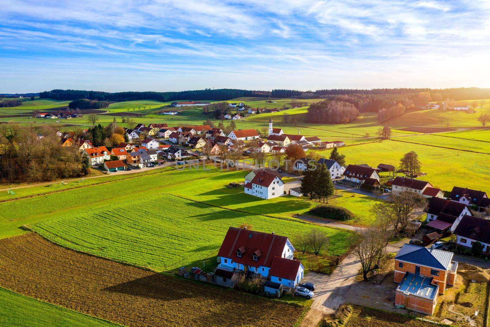Aerial view of Lampertshausen village in Bavaria. Germany. Picture of an aerial view with a drone of the village Lampertshausen in north Bavaria, Germany.
