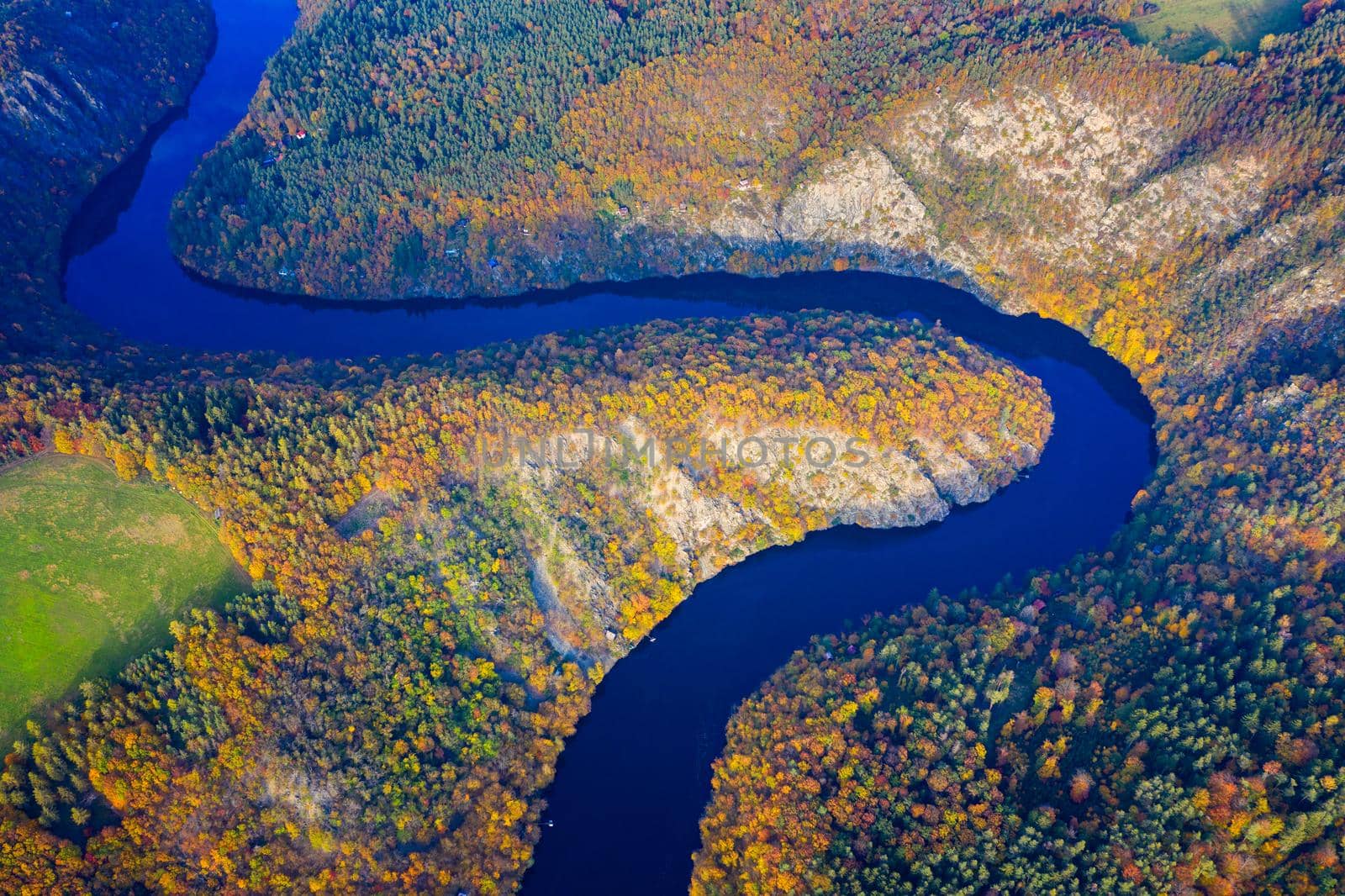 Beautiful view of Vltava river from Maj viewpoint. Czech Republic, Krnany, Europe. Maj viewpoint next to Prague in central Bohemia, Czech Republic. Aerial view of incredible Vyhlidka Maj.