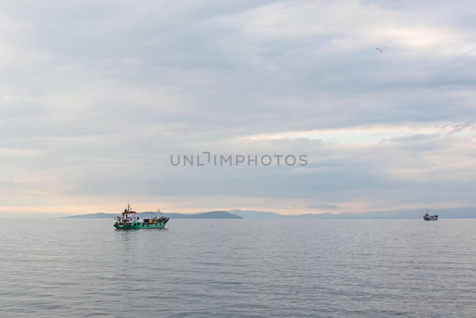 Marmara Sea,istanbul,Turkey-June 15,2021.Cargo ships in the Sea of Marmara in Turkey and Marmara Sea view in early morning time.