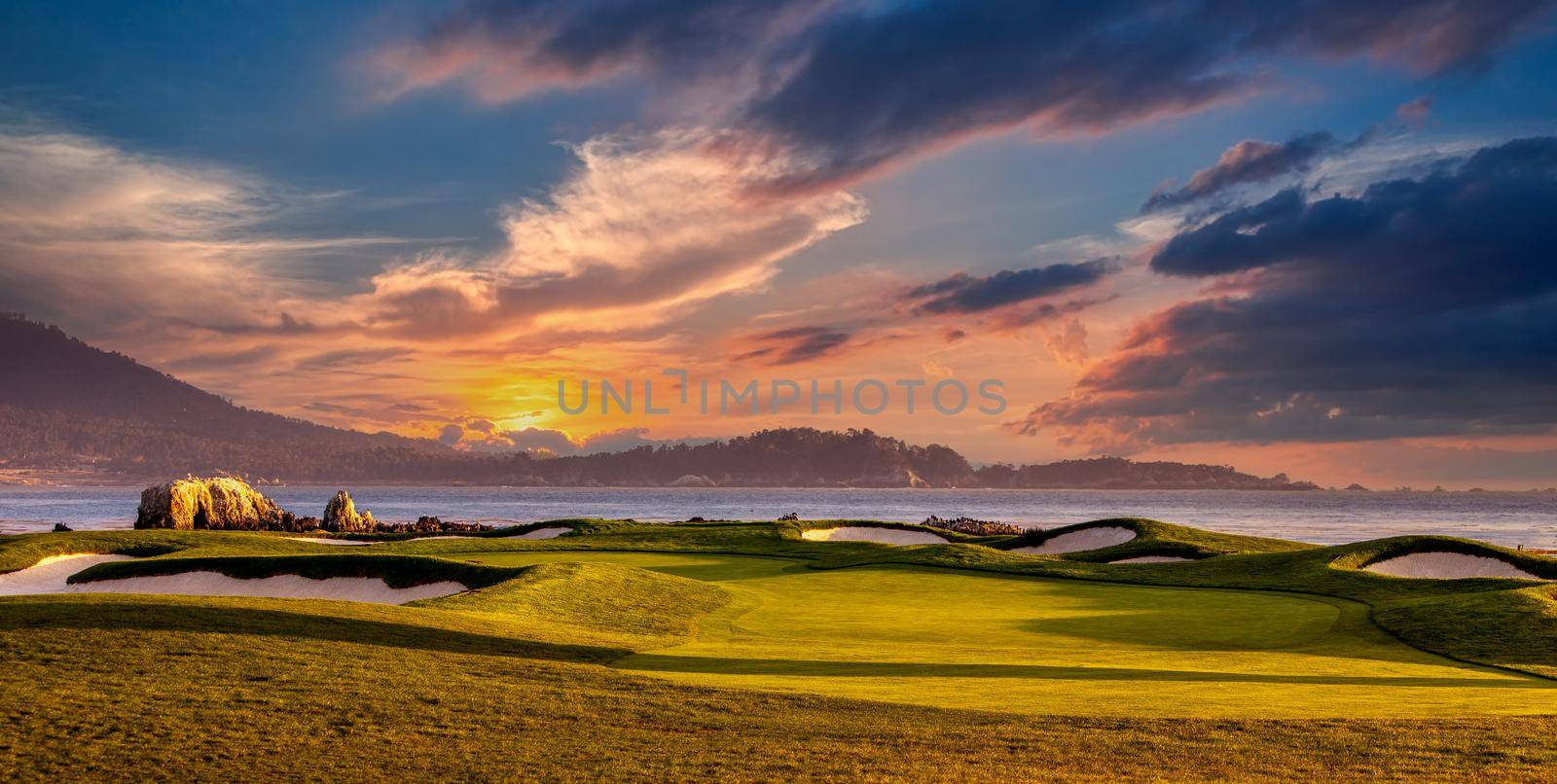 Coastline golf course, greens and bunkers in California, usa