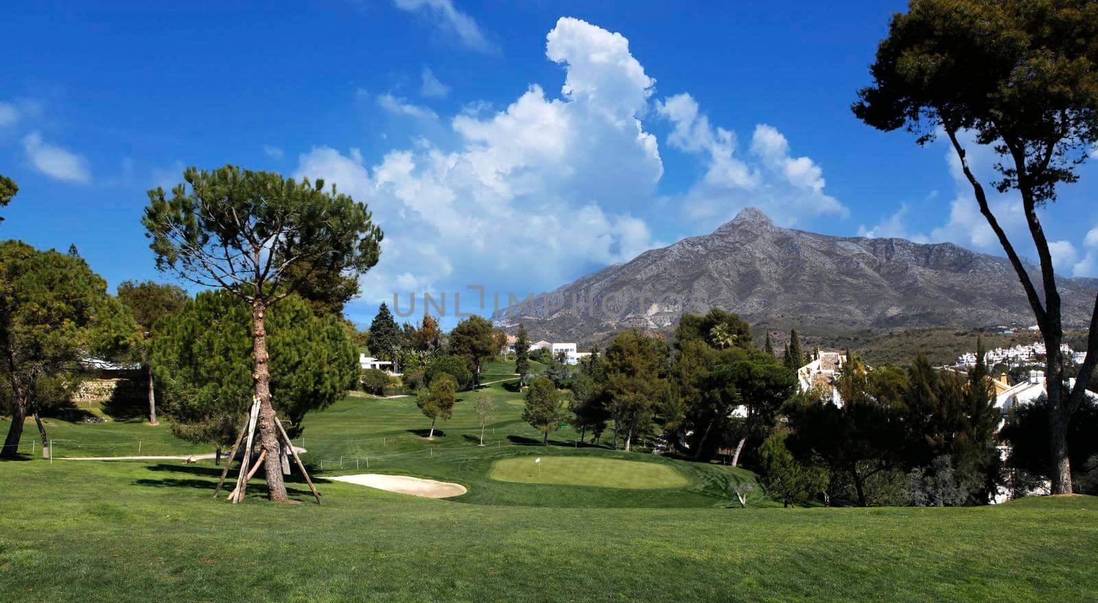 golf course and green  in Marbella, Spain, at sunset