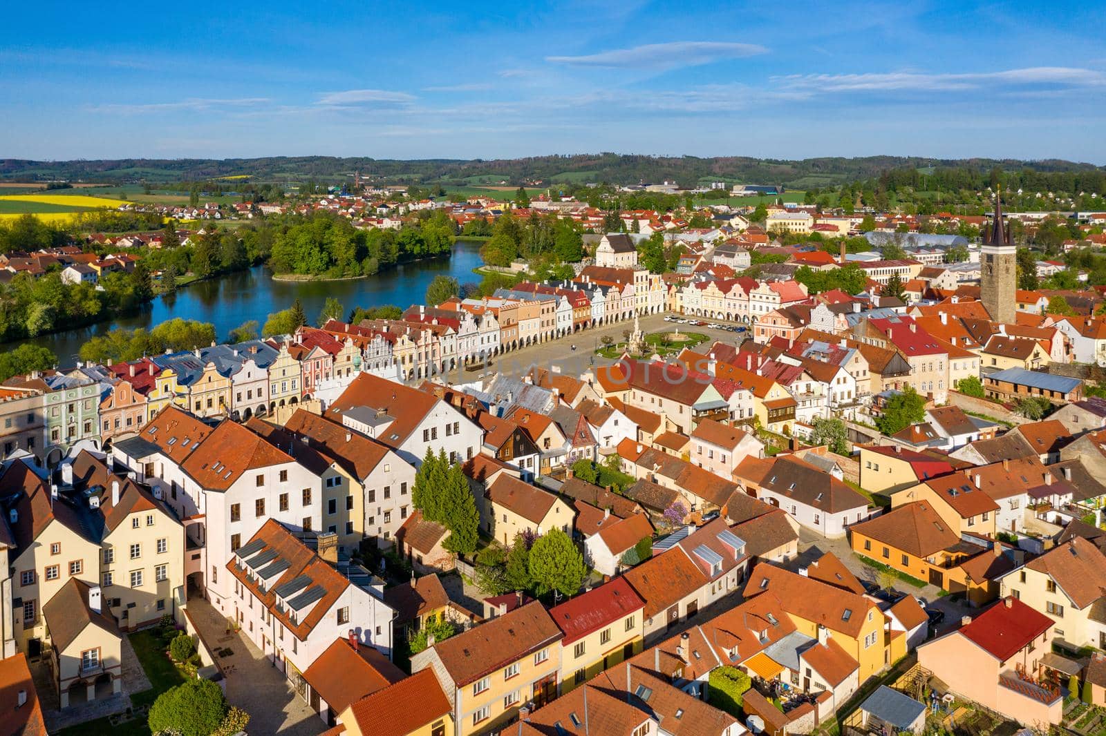 Aerial landscape of small Czech town of Telc with famous Main Square (UNESCO World Heritage Site). Aerial panorama of old town Telc, Southern Moravia, Czechia. Historic centre of Telc, Czech Republic.