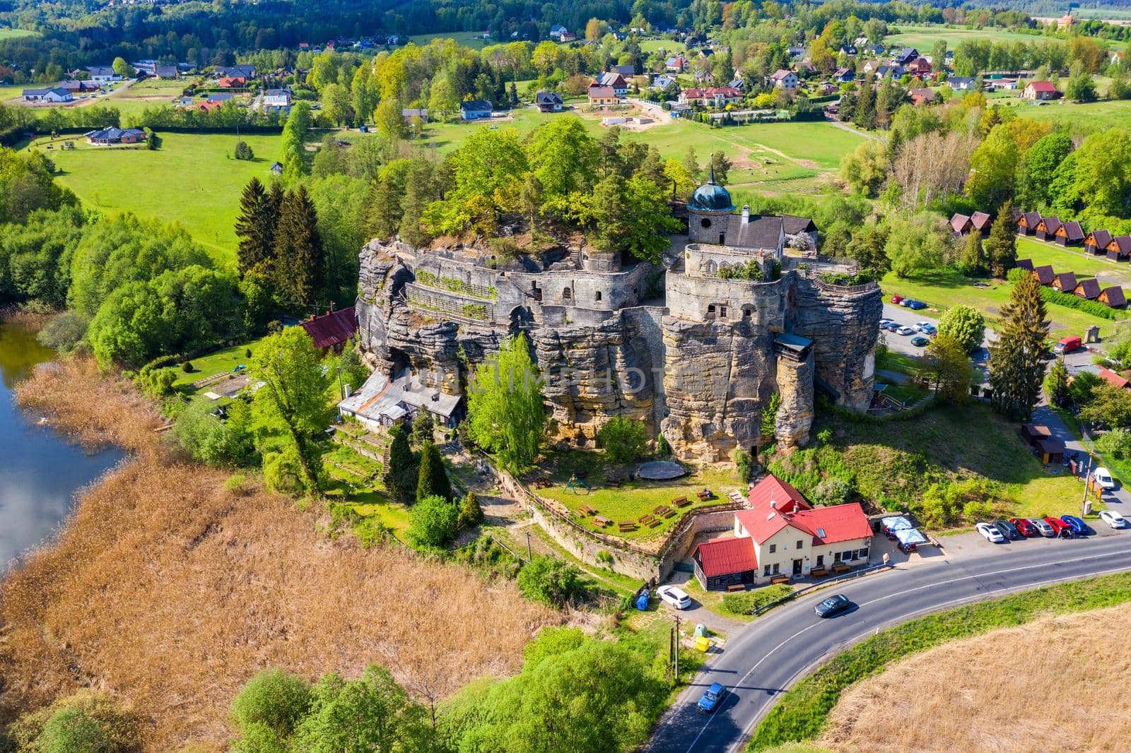 Aerial view of Sloup Castle in Northern Bohemia, Czechia. Sloup rock castle in the small town of Sloup v Cechach, in the Liberec Region, north Bohemia, Czech Republic. 