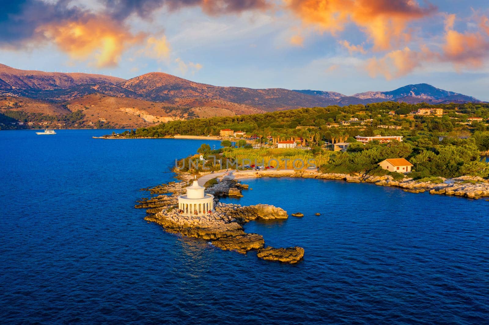 Aerial view of Lighthouse of Saint Theodore in Lassi, Argostoli, Kefalonia island in Greece. Saint Theodore lighthouse in Kefalonia island, Argostoli town, Greece, Europe.