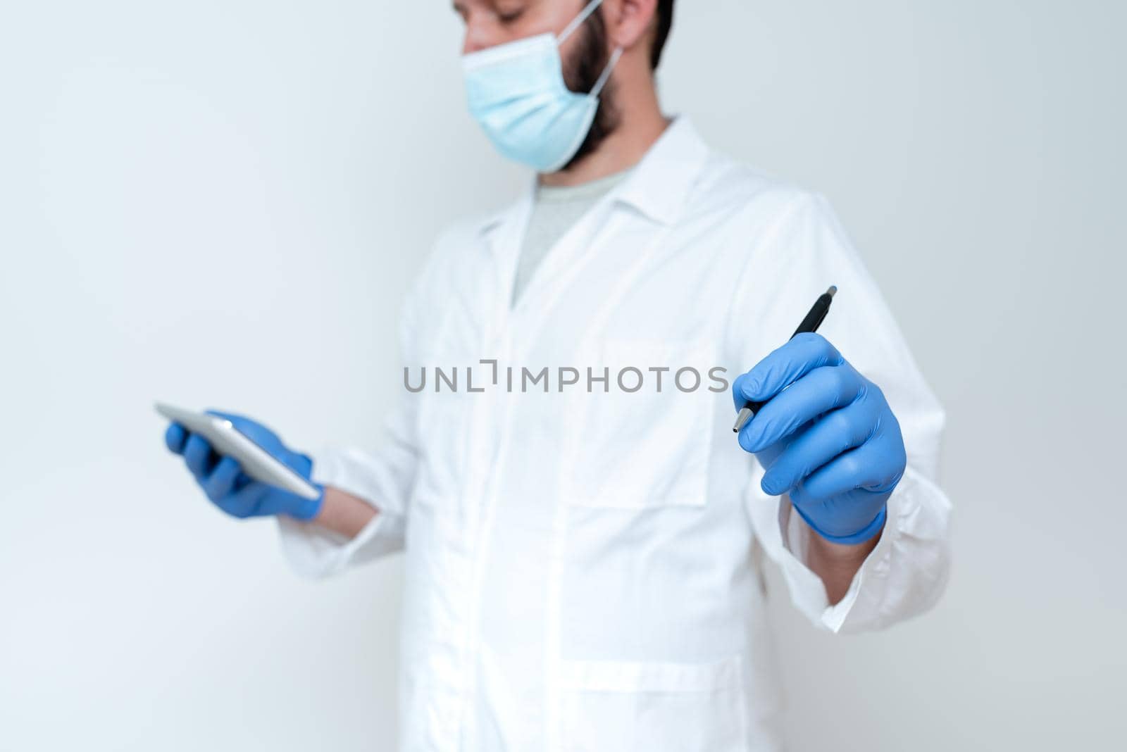 Scientist Demonstrating New Technology, Doctor Giving Medical Advice, Chemist Science Lectures Discussions, Wearing Occupation Workwear Protective Gears by nialowwa