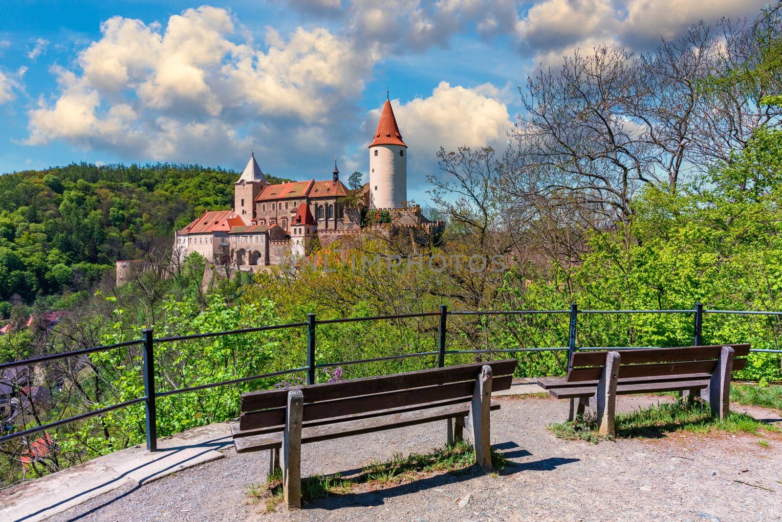 Aerial view of castle Krivoklat in Czech republic, Europe. Famous Czech medieval castle of Krivoklat, central Czech Republic. Krivoklat castle, medieval royal castle in Central Bohemia, Czechia. 
