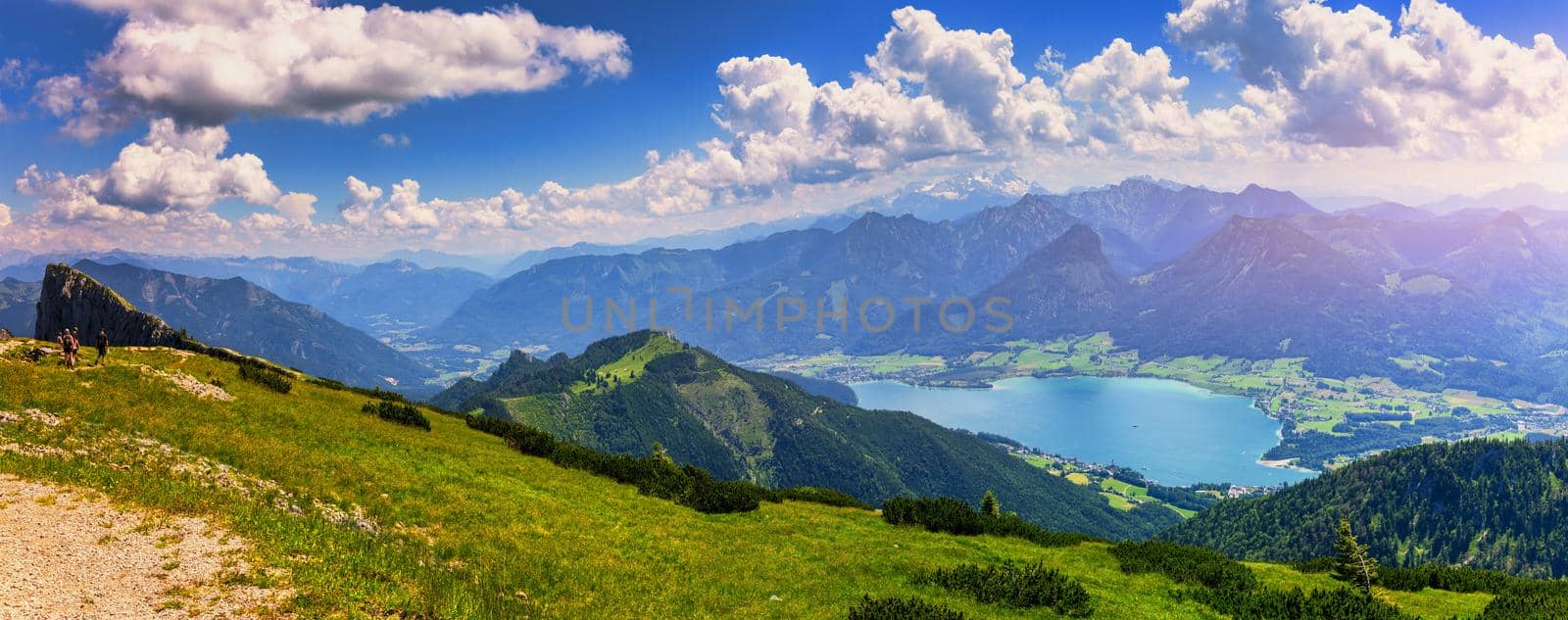 View of Wolfgangsee lake from Schafberg mountain, Austria. Wolfgangsee Lake from alp mountain Schafberg. Sankt St. Wolfgang im in Salzkammergut, Ried, Salzburgerland, Austria.