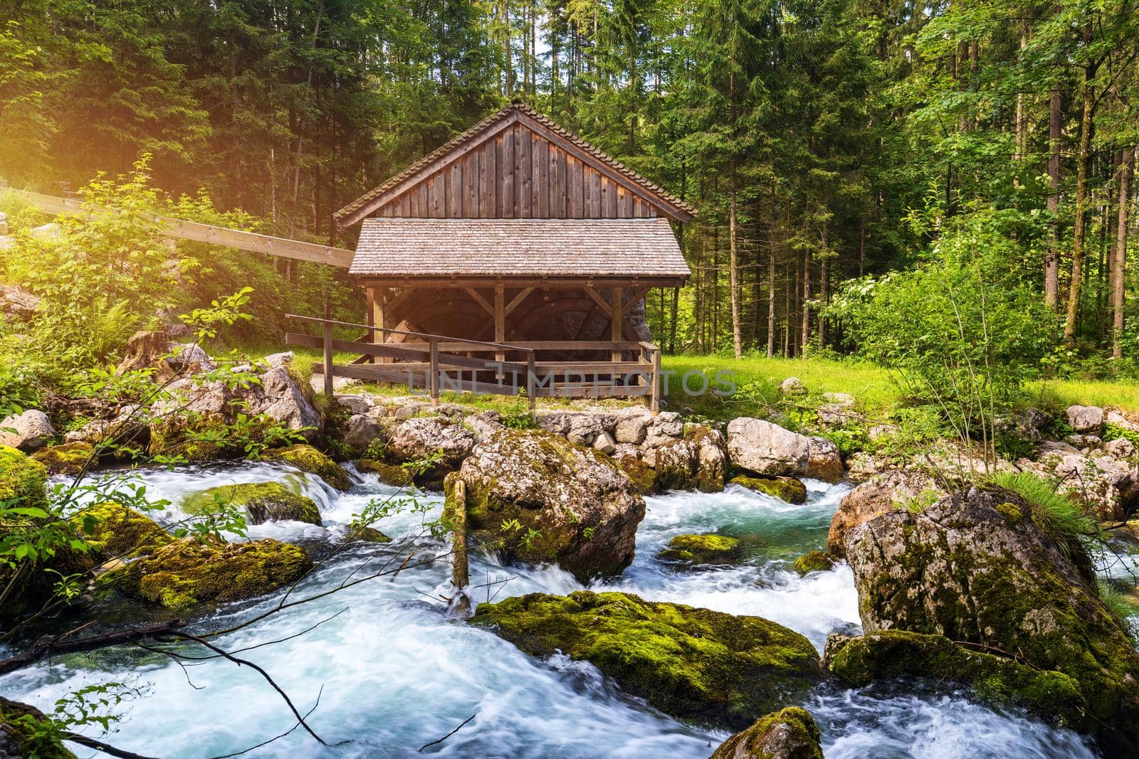 The Gollinger Mill at the Gollinger Waterfall in Golling, Salzburg, Austria. An old water mill near Gollinger waterfall south of Salzburg. 