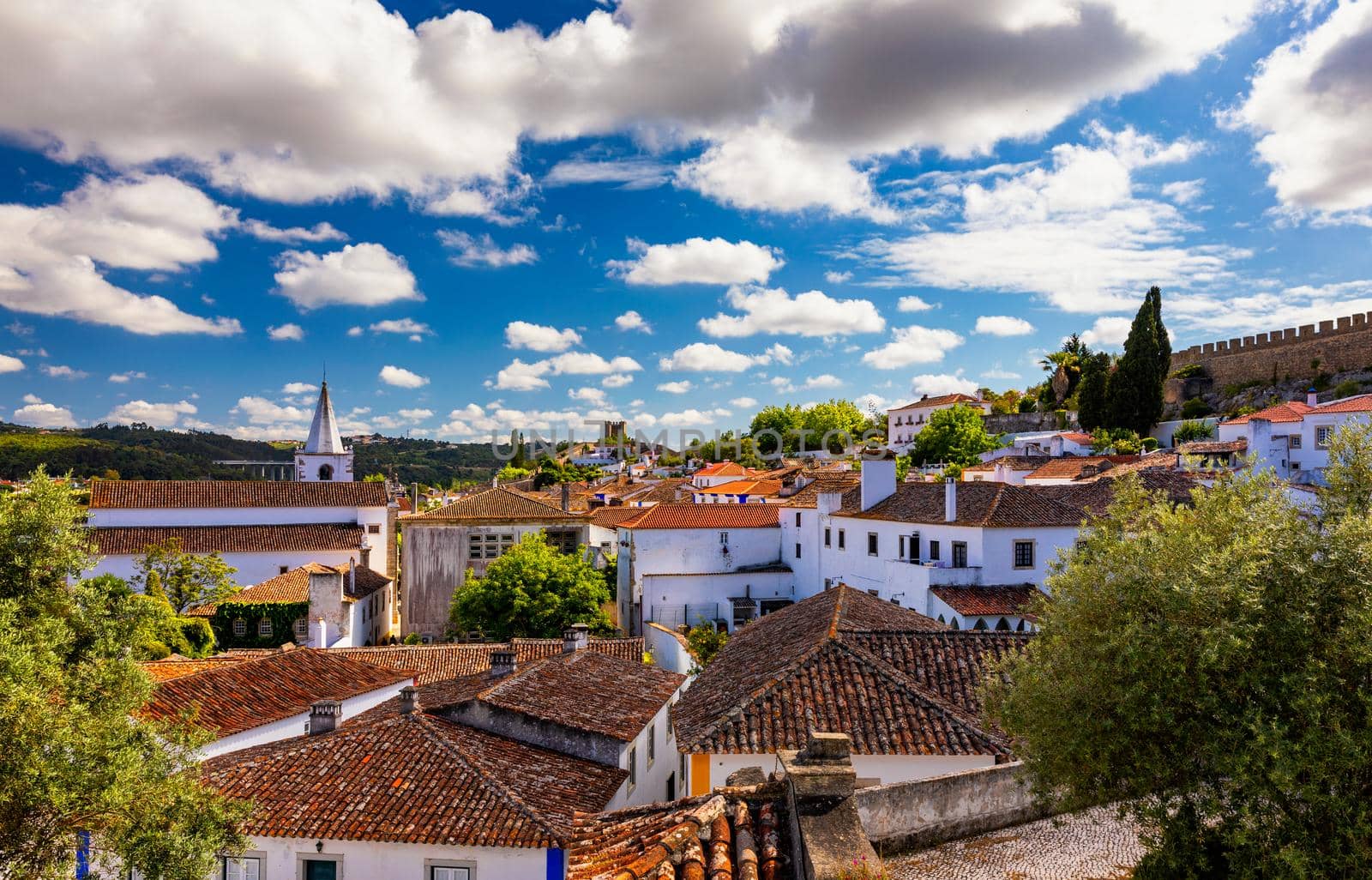Historic walled town of Obidos, near Lisbon, Portugal. Beautiful streets of Obidos Medieval Town, Portugal. Street view of medieval fortress in Obidos. Portugal.