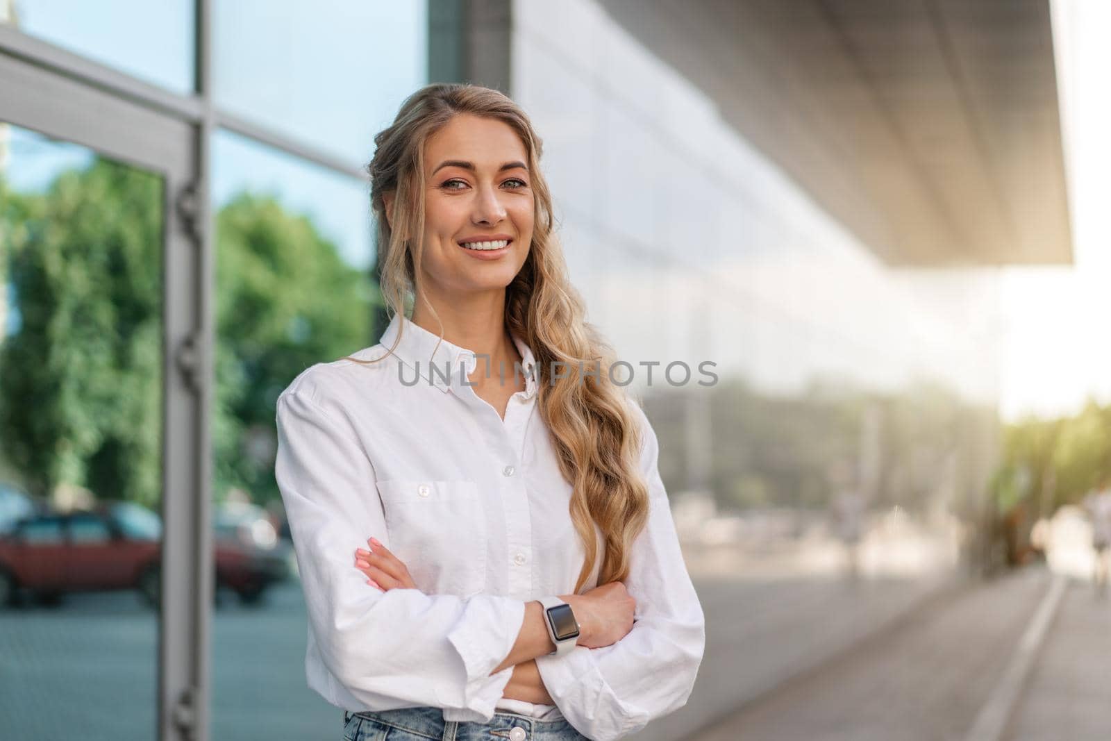 Businesswoman Successful Woman Smiling Business Person Standing Outdoor Corporate Building Exterior. Happy Caucasian Confidence Professional Business Woman Middle Age Female White Shirt Big Window