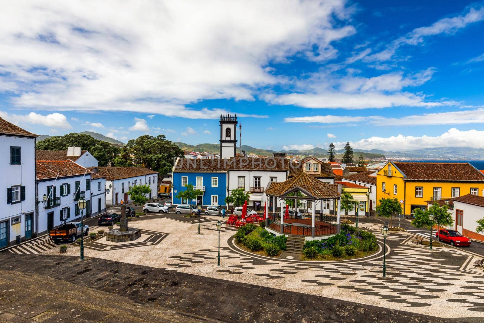 Panoramic cityscape view to Municipality and central square Of Ribeira Grande, Sao Miguel, Azores, Portugal. Central square of Ribeira Grande, Sao Miguel, Azores, Portugal.