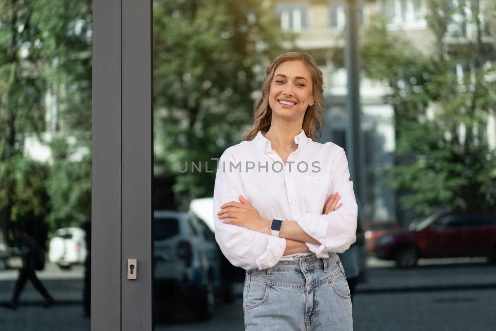 Businesswoman Successful Woman Smiling Business Person Standing Outdoor Corporate Building Exterior Happy Caucasian Confidence Professional Business Woman Middle Age Female White Shirt Big Window Lean