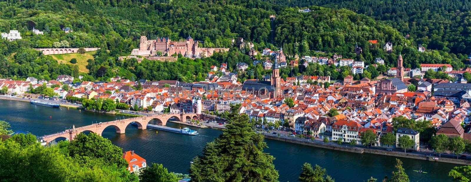 Landmark and beautiful Heidelberg town with Neckar river, Germany. Heidelberg town with the famous Karl Theodor old bridge and Heidelberg castle, Heidelberg, Germany.  by DaLiu