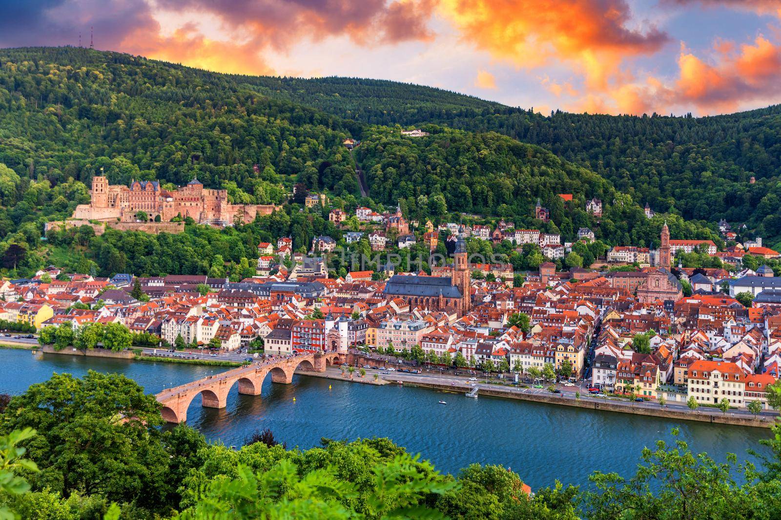 Heidelberg skyline aerial view from above. Heidelberg skyline aerial view of old town river and bridge, Germany. Aerial View of Heidelberg, Germany Old Town. Video of the aerial view of Heidelberg.