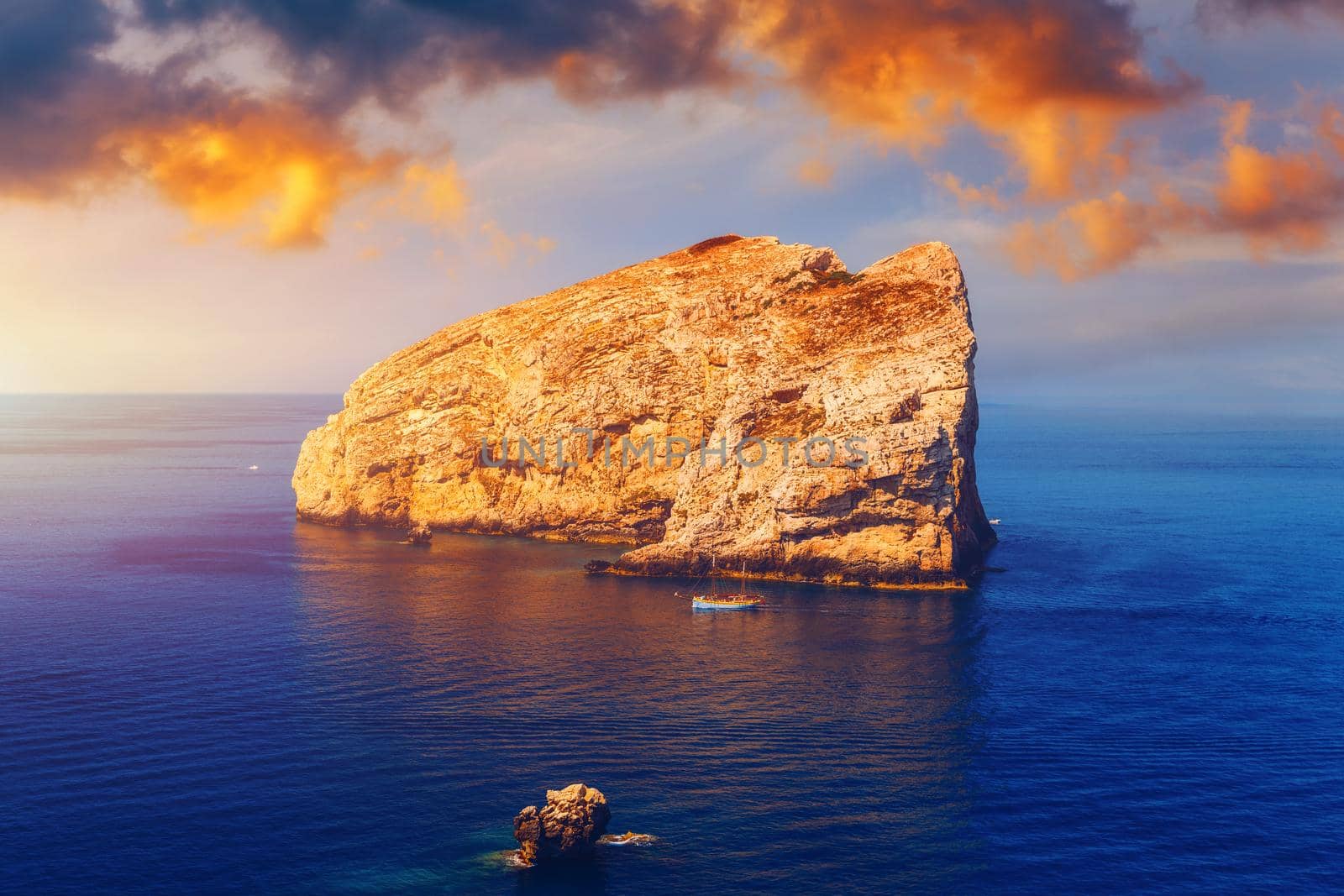 View from Capo Caccia on island Isola Foradada, Sardinia, Italy. Island Foradada at "Capo Caccia" near the town of Alghero on the island of Sardinia, Italy.