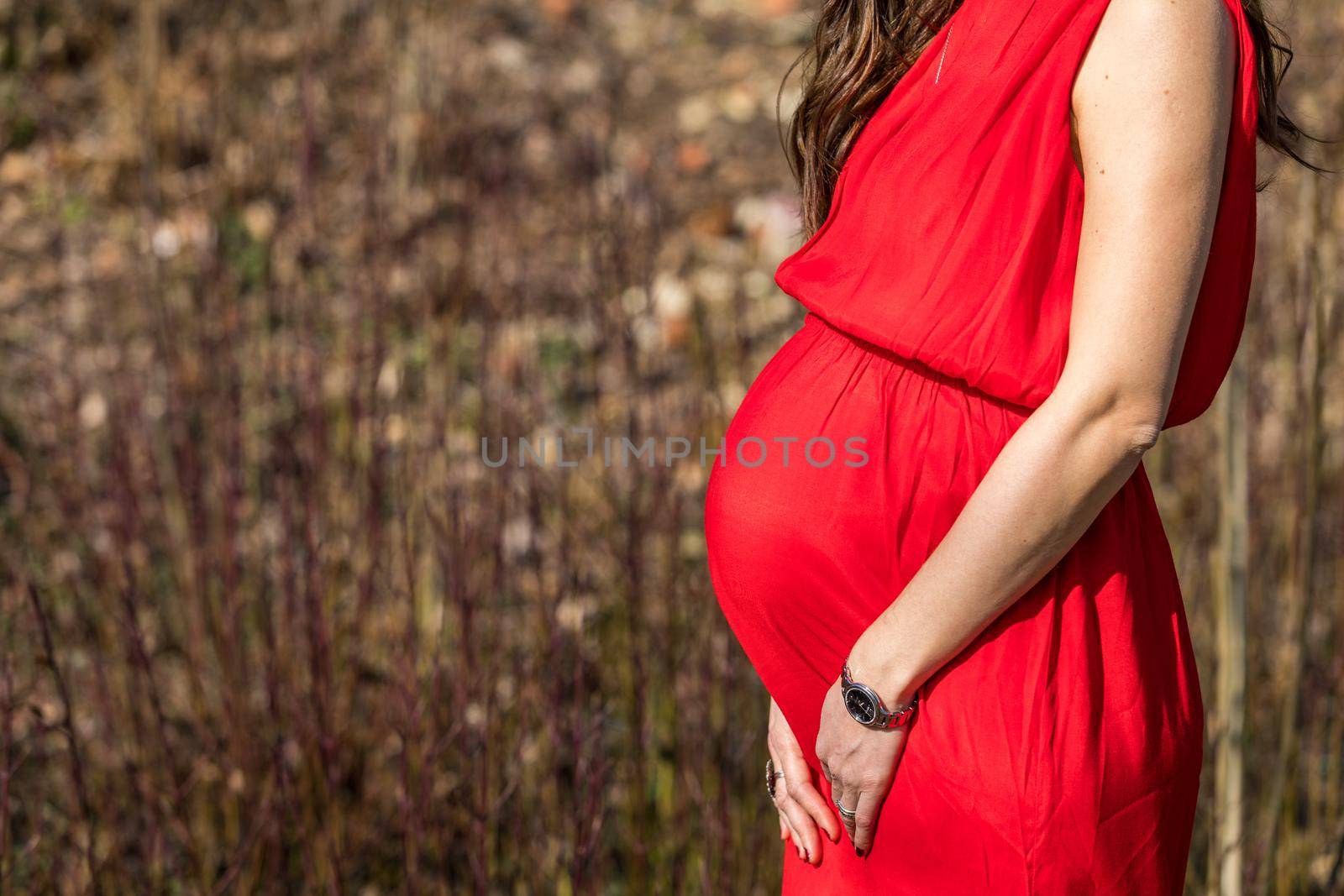 Beautiful pregnant woman feeling happy in nature while taking care of her child. Young expecting mother holding baby in pregnant belly. Maternity prenatal care and woman pregnancy concept.