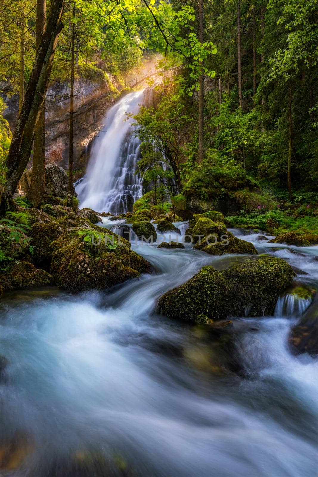Gollinger Waterfall in Golling an der Salzach near Salzburg, Austria. Gollinger Wasserfall with mossy rocks and green trees, Golling, Salzburger Land, Austria.