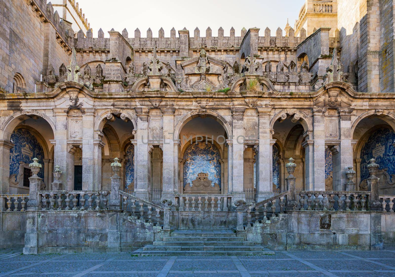 Porto Cathedral facade view, Roman Catholic church, Portugal. Construction around 1110