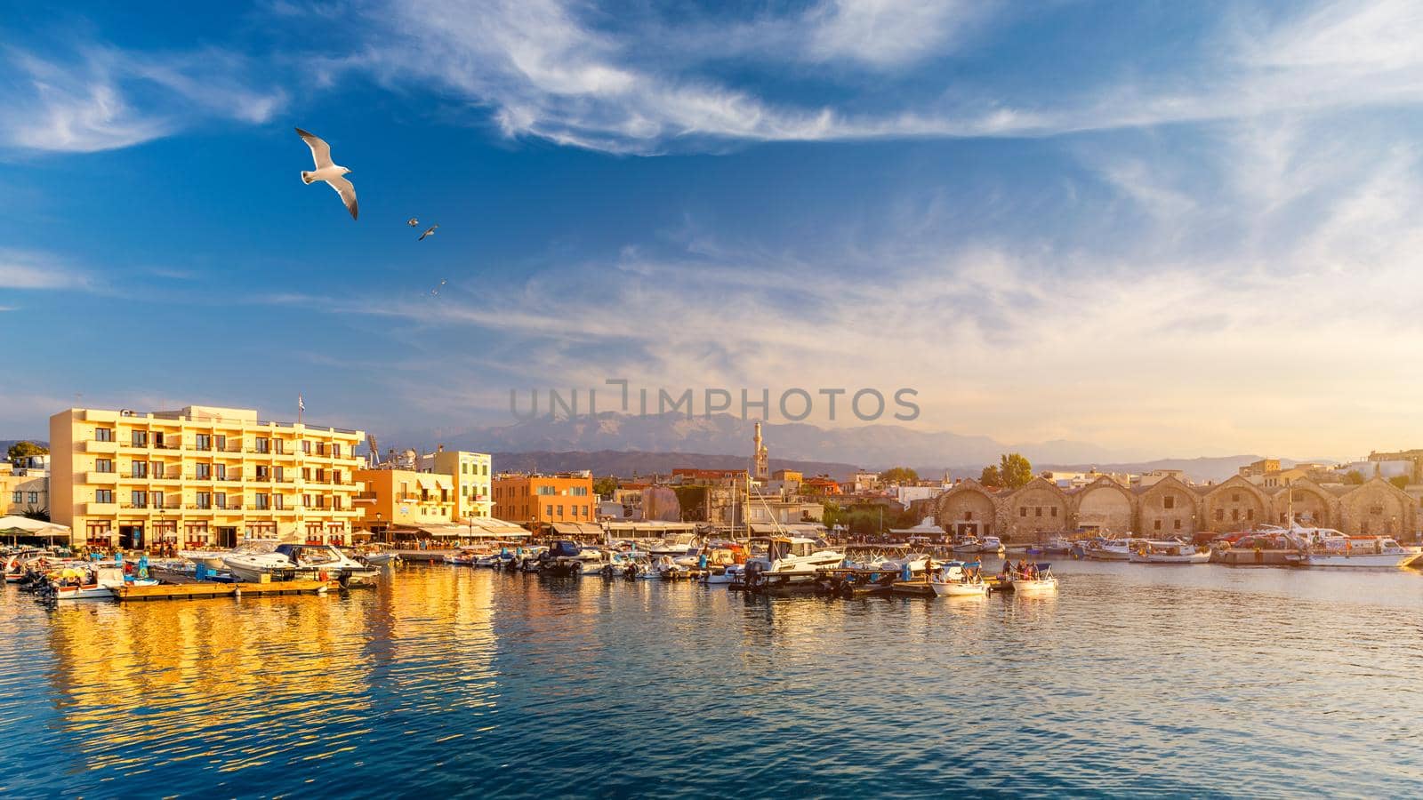Old port of Chania with flying seagulls. Landmarks of Crete island. Bay of Chania at sunny summer day, Crete Greece. View of the old port of Chania, Crete, Greece. The port of chania, or Hania. 
