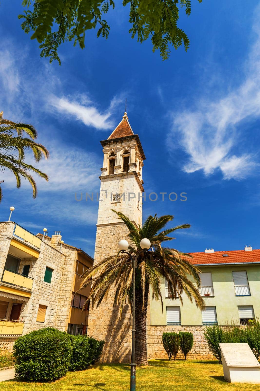 View at town Trogir, old touristic place in Croatia Europe. Trogir town coastal view. Magnificent Trogir, Croatia. Sunny old Venetian town, Dalmatian Coast in Croatia.