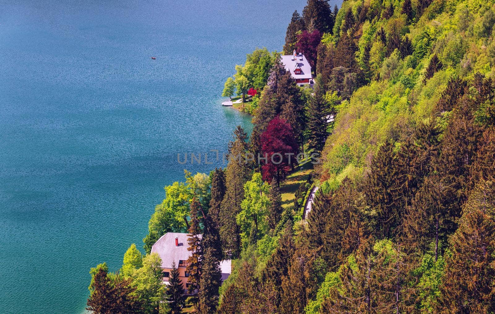 Lake Bled Slovenia. Beautiful mountain Bled lake with small Pilgrimage Church. Most famous Slovenian lake and island Bled with Pilgrimage Church of the Assumption of Maria. Bled, Slovenia.