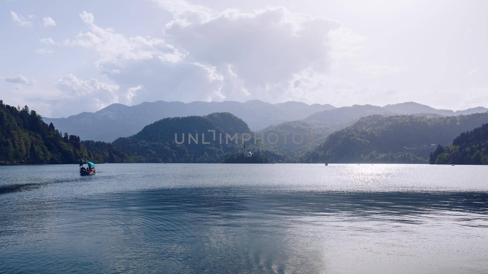 Lake Bled Slovenia. Beautiful mountain Bled lake with small Pilgrimage Church. Most famous Slovenian lake and island Bled with Pilgrimage Church of the Assumption of Maria. Bled, Slovenia.