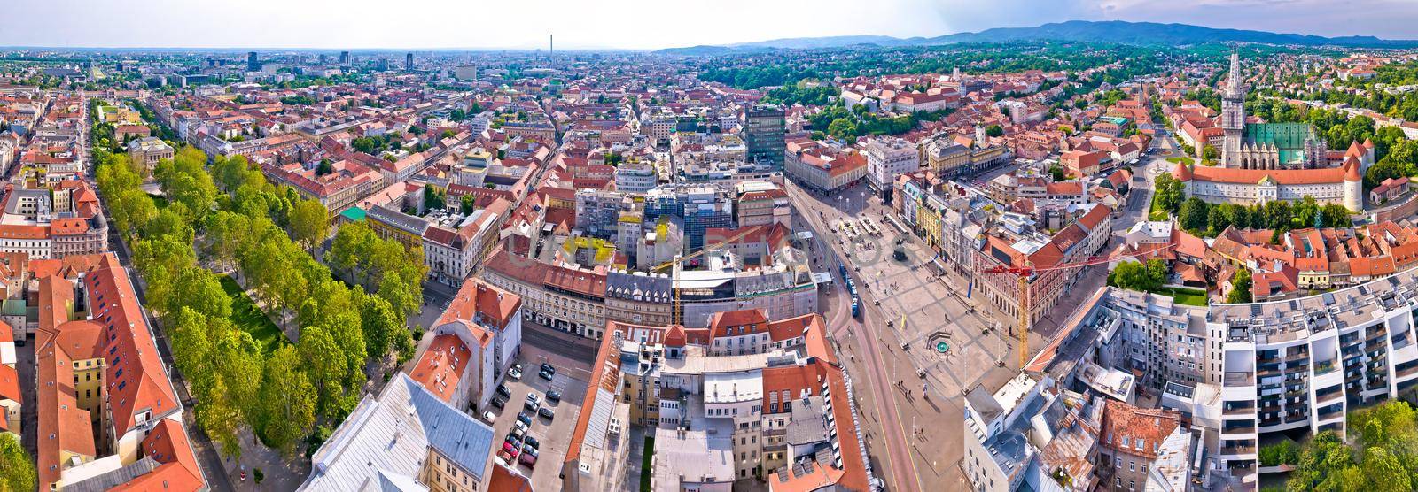 Zagreb historic city center, central square and cathedral aerial view by xbrchx