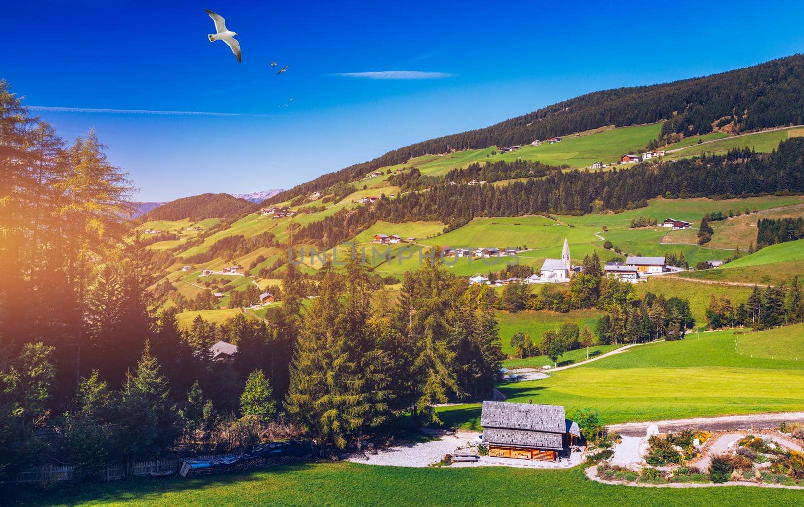 Santa Maddalena (Santa Magdalena) village with magical Dolomites mountains in background, Val di Funes valley, Trentino Alto Adige region, South Tyrol, Italy, Europe. Santa Maddalena Village, Italy. 