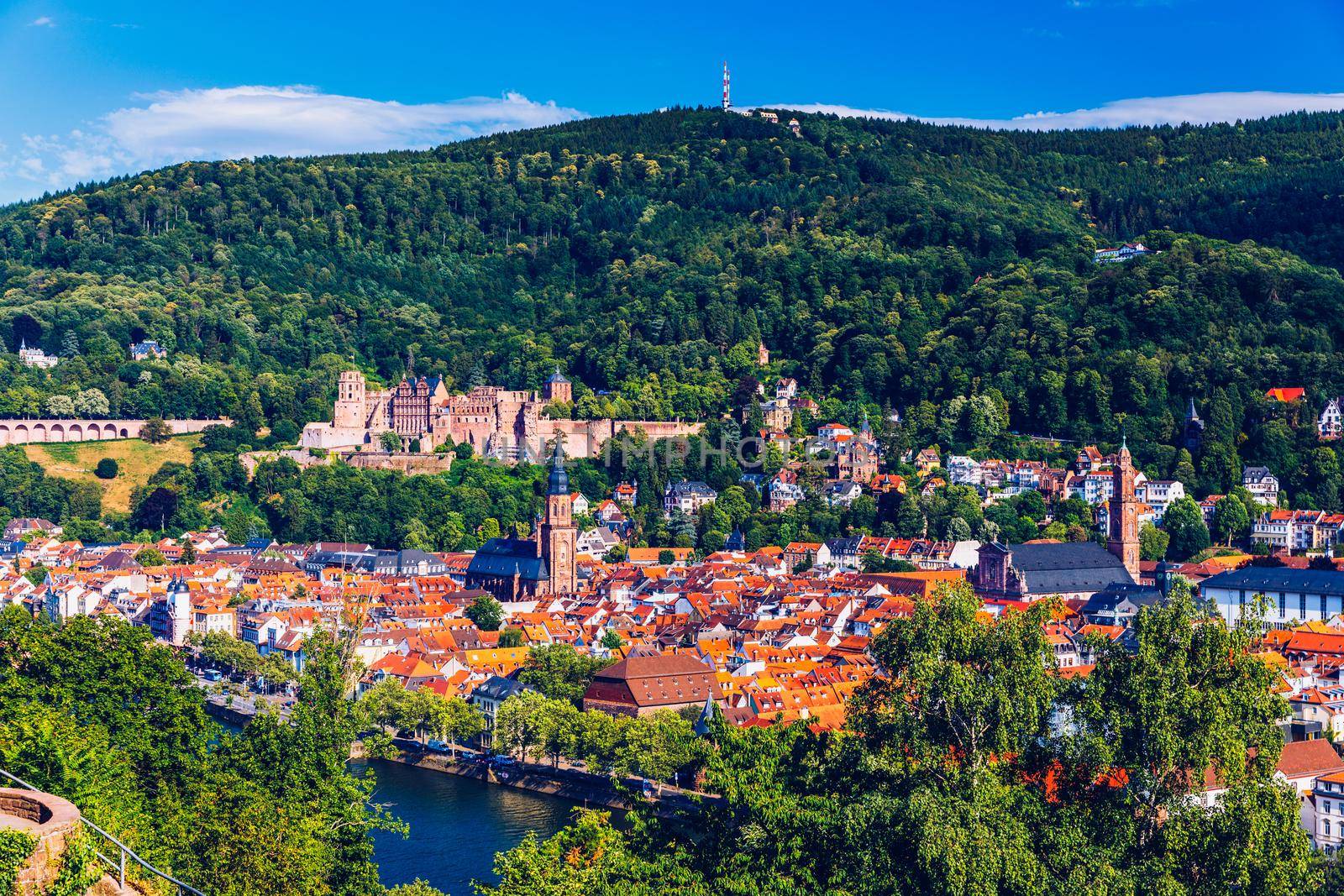 Heidelberg skyline aerial view from above. Heidelberg skyline aerial view of old town river and bridge, Germany. Aerial View of Heidelberg, Germany Old Town. Video of the aerial view of Heidelberg.