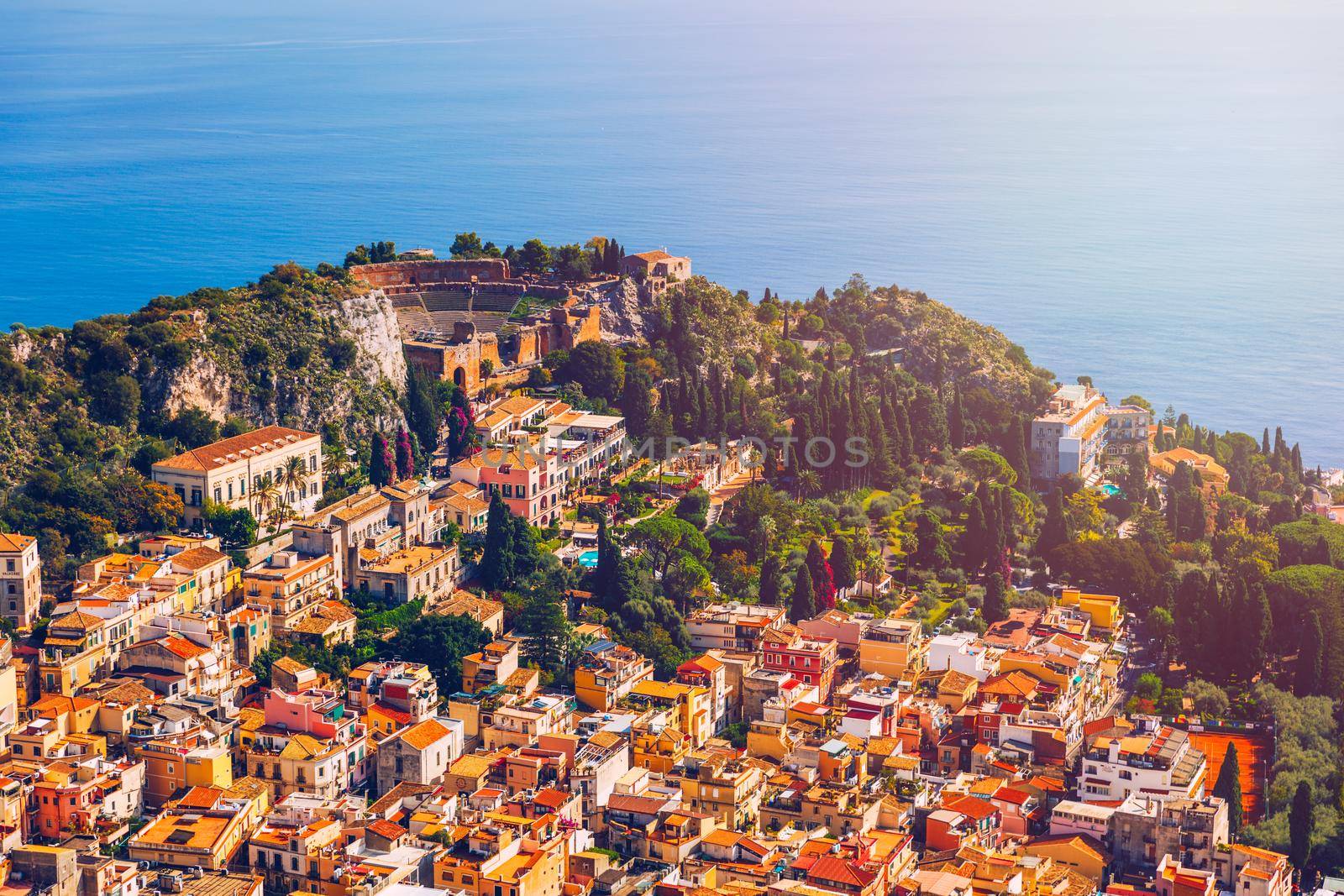 Ruins of Ancient Greek theater in Taormina, Sicily, Italy. Taormina located in Metropolitan City of Messina, on east coast of island of Sicily. 