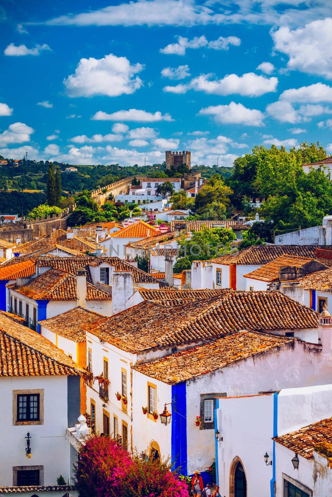 Historic walled town of Obidos, near Lisbon, Portugal. Beautiful streets of Obidos Medieval Town, Portugal. Street view of medieval fortress in Obidos. Portugal.