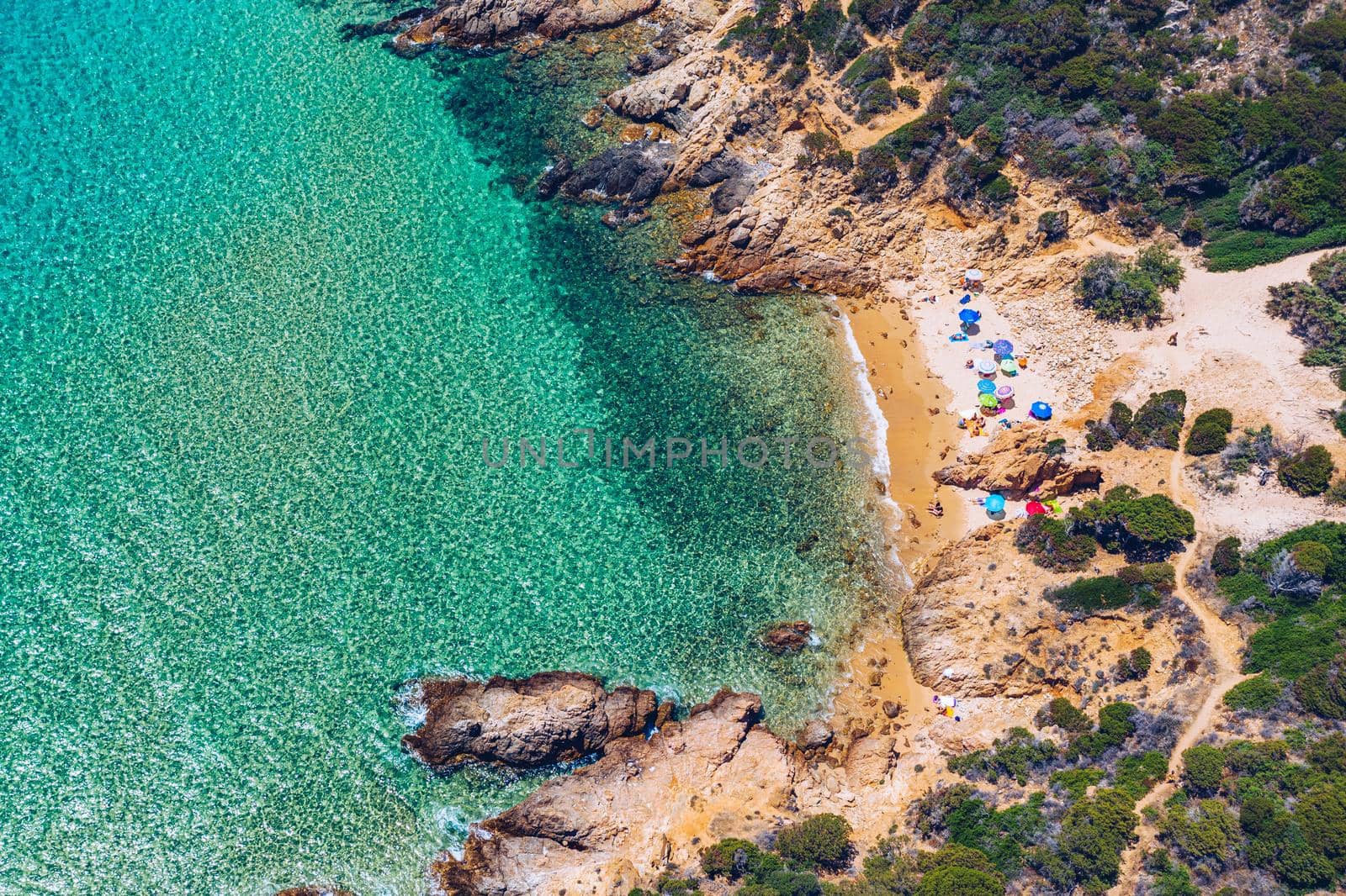Panorama of the wonderful beaches of Chia, Sardinia, Italy. View of beautiful Chia bay and wonderful beaches, Sardinia island, Italy. Beautiful sea and bay on Su Guideu beach, Sardinia island, Italy