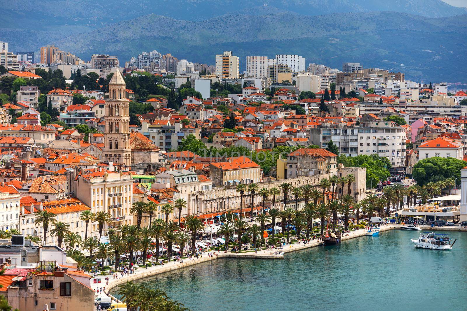 Split, Croatia (region of Dalmatia). UNESCO World Heritage Site. View of Split city, Diocletian Palace and Mosor mountains in background. Split panoramic view of town, Dalmatia, Croatia.