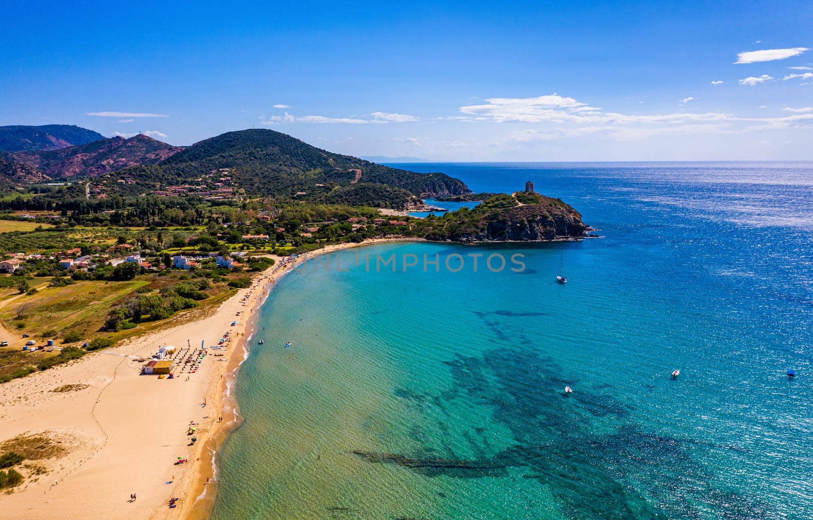 Panorama of the wonderful beaches of Chia, Sardinia, Italy. View of beautiful Chia bay and wonderful beaches, Sardinia island, Italy. Beautiful sea and bay on Su Guideu beach, Sardinia island, Italy