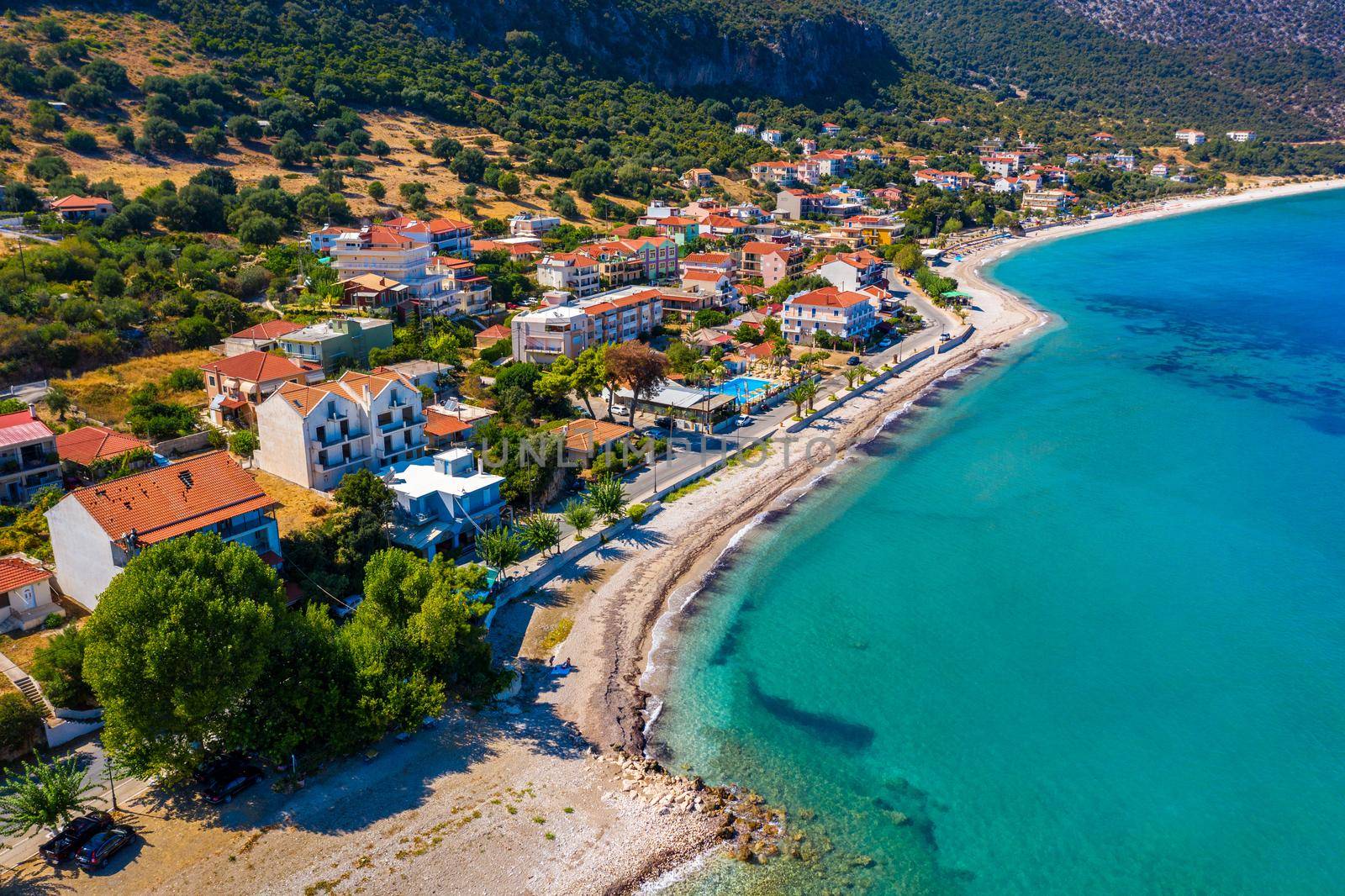 Aerial view of city of Poros, Kefalonia island in Greece. Poros city in middle of the day. Cephalonia or Kefalonia island, Ionian Sea, Greece. Poros village, Kefalonia island, Ionian islands, Greece.