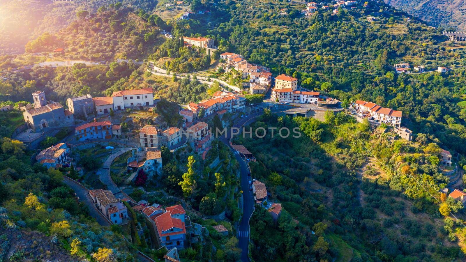 Aerial view of Savoca village in Sicily, Italy. Sicilian village Savoca (known from the Godfather movies). Houses on a hill in Savoca, small town on Sicily in Italy.