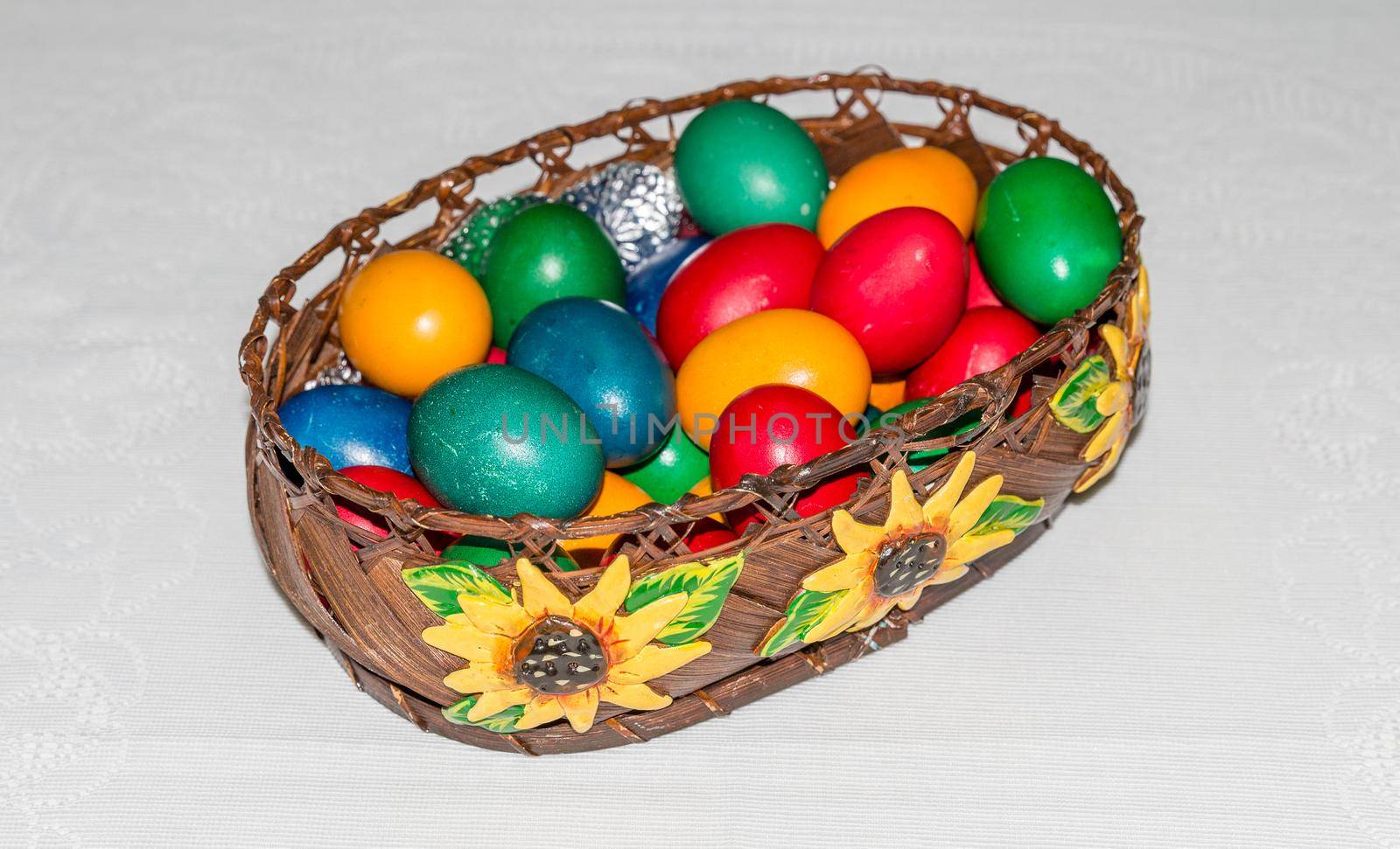 Close up of colorful Easter eggs in a basket. Happy Easter, Christian religious holiday.