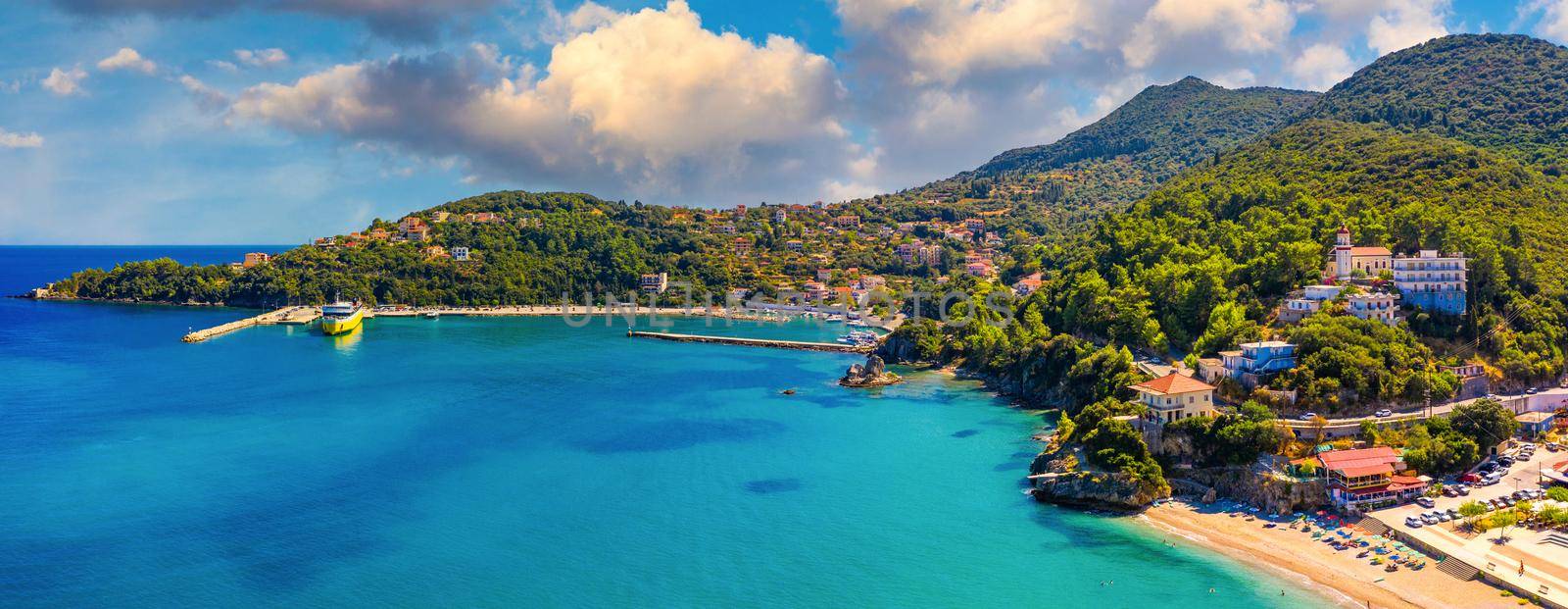 Aerial view of city of Poros, Kefalonia island in Greece. Poros city in middle of the day. Cephalonia or Kefalonia island, Ionian Sea, Greece. Poros village, Kefalonia island, Ionian islands, Greece.