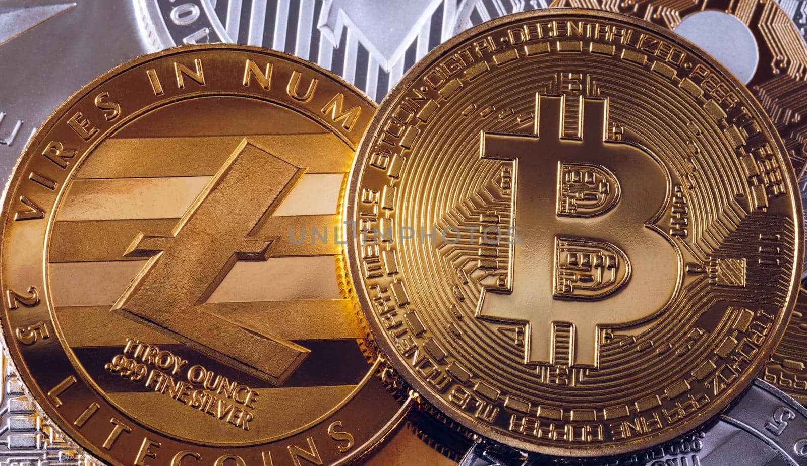 Crypto currency coin set collection, bitcoin, ethereum, litecoin, ripple. Digital currency. Cryptocurrency. Silver and golden coins with bitcoin, ripple, litecoin and ethereum symbol.