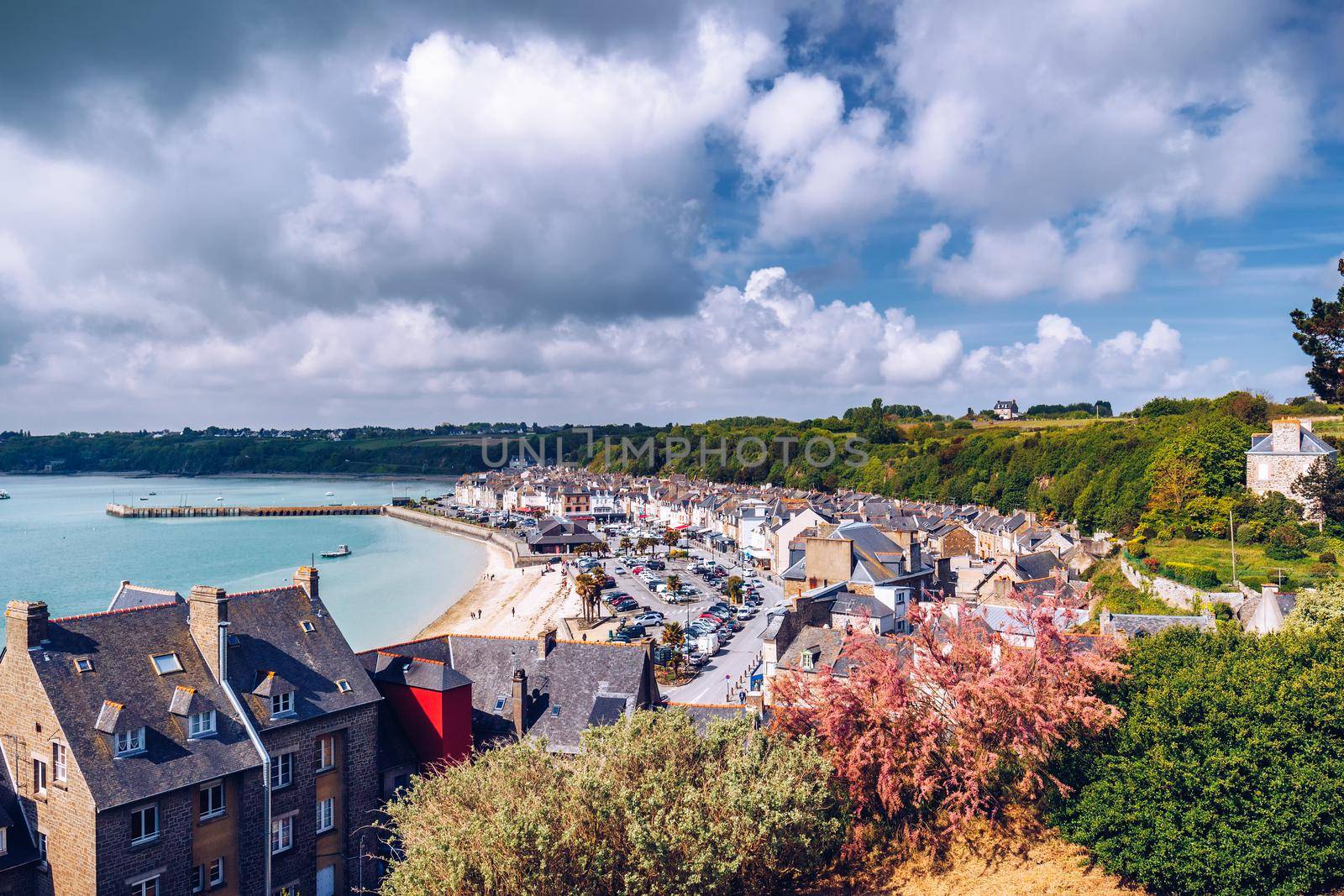 Panoramic view of Cancale, located on the coast of the Atlantic Ocean on the Baie du Mont Saint Michel, in the Brittany region of Western France