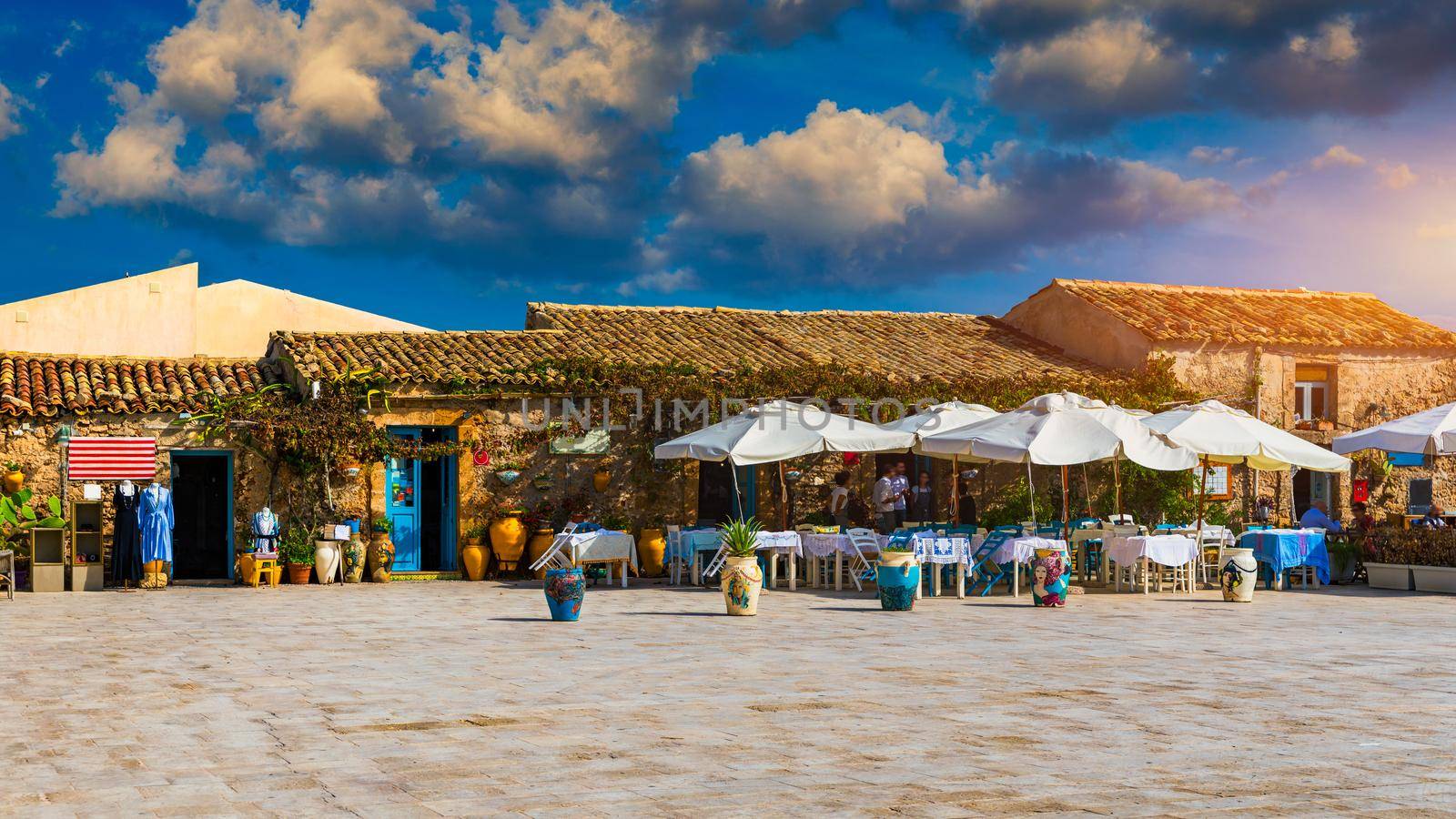 The picturesque village of Marzamemi, in the province of Syracuse, Sicily. Square of Marzamemi, a small fishing village, Siracusa province, Sicily, italy, Europe. 