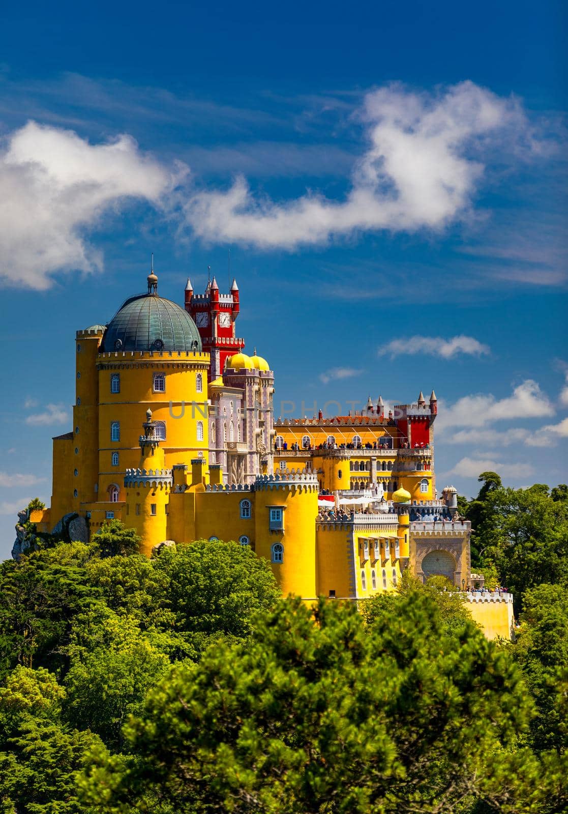 Palace of Pena in Sintra. Lisbon, Portugal. Travel Europe, holidays in Portugal. Panoramic View Of Pena Palace, Sintra, Portugal. Pena National Palace, Sintra, Portugal. 