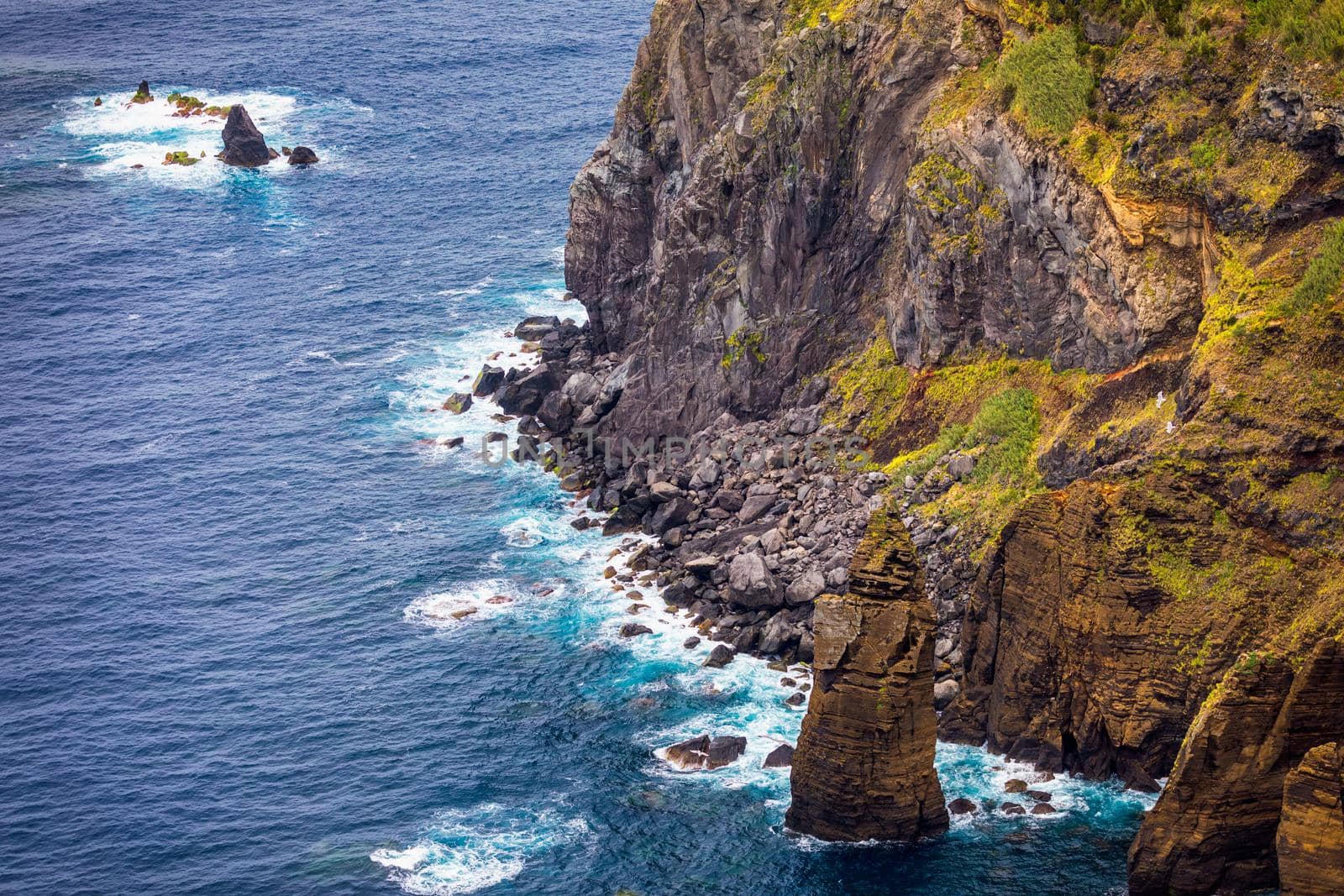 Azores panoramic view of natural landscape, wonderful scenic island of Portugal. Beautiful lagoons in volcanic craters and green fields. Tourist attraction and travel destination. Azores, Portugal.