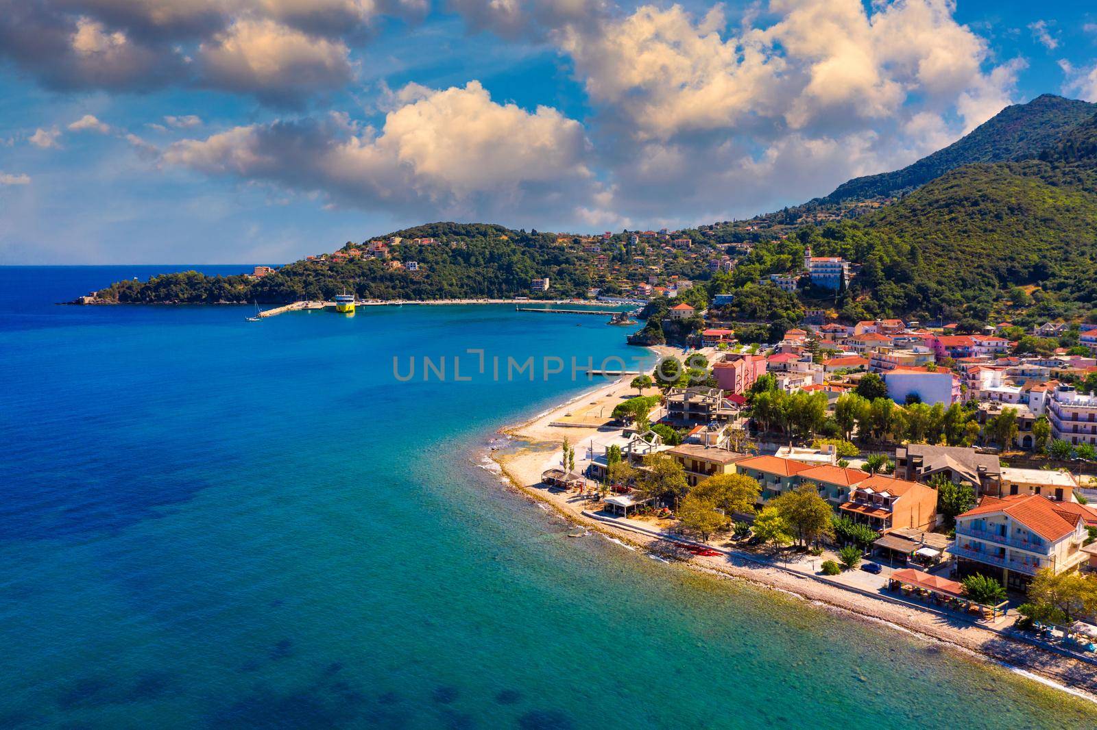 Aerial view of city of Poros, Kefalonia island in Greece. Poros city in middle of the day. Cephalonia or Kefalonia island, Ionian Sea, Greece. Poros village, Kefalonia island, Ionian islands, Greece.