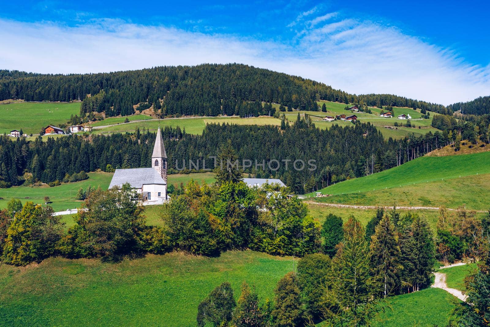 Santa Maddalena (Santa Magdalena) village with magical Dolomites mountains in background, Val di Funes valley, Trentino Alto Adige region, South Tyrol, Italy, Europe. Santa Maddalena Village, Italy. 
